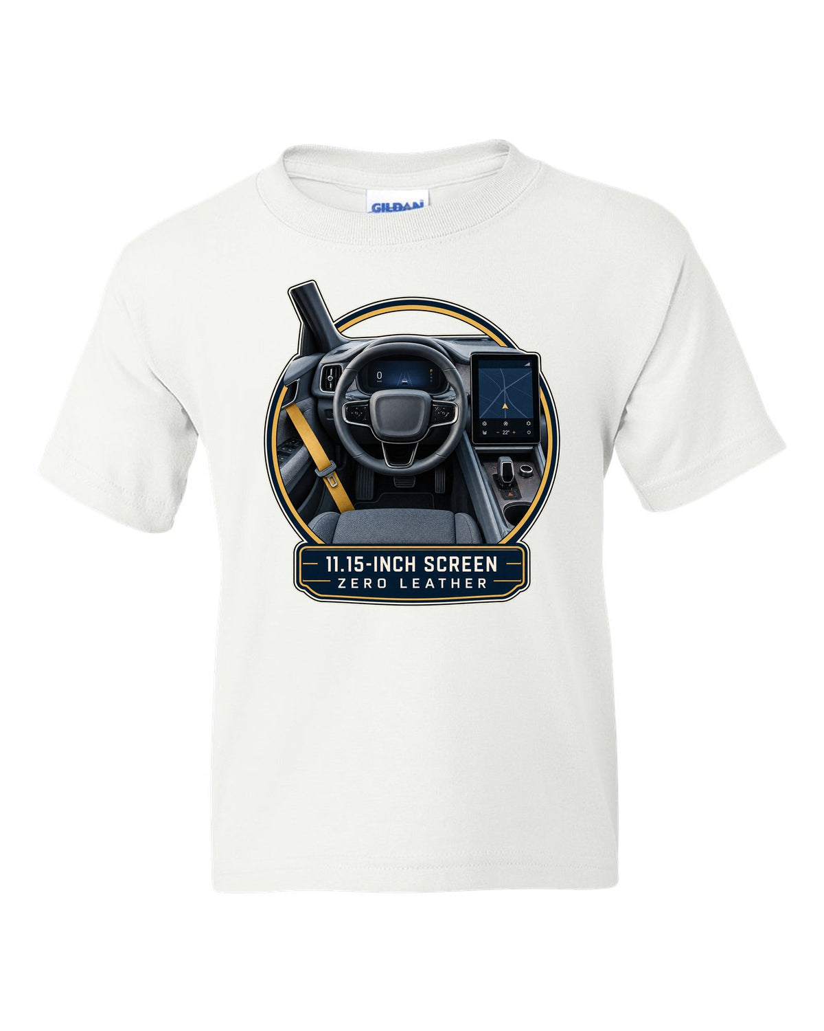 Polestar 2 cockpit with large centre screen, print design white kids tee front view with the design