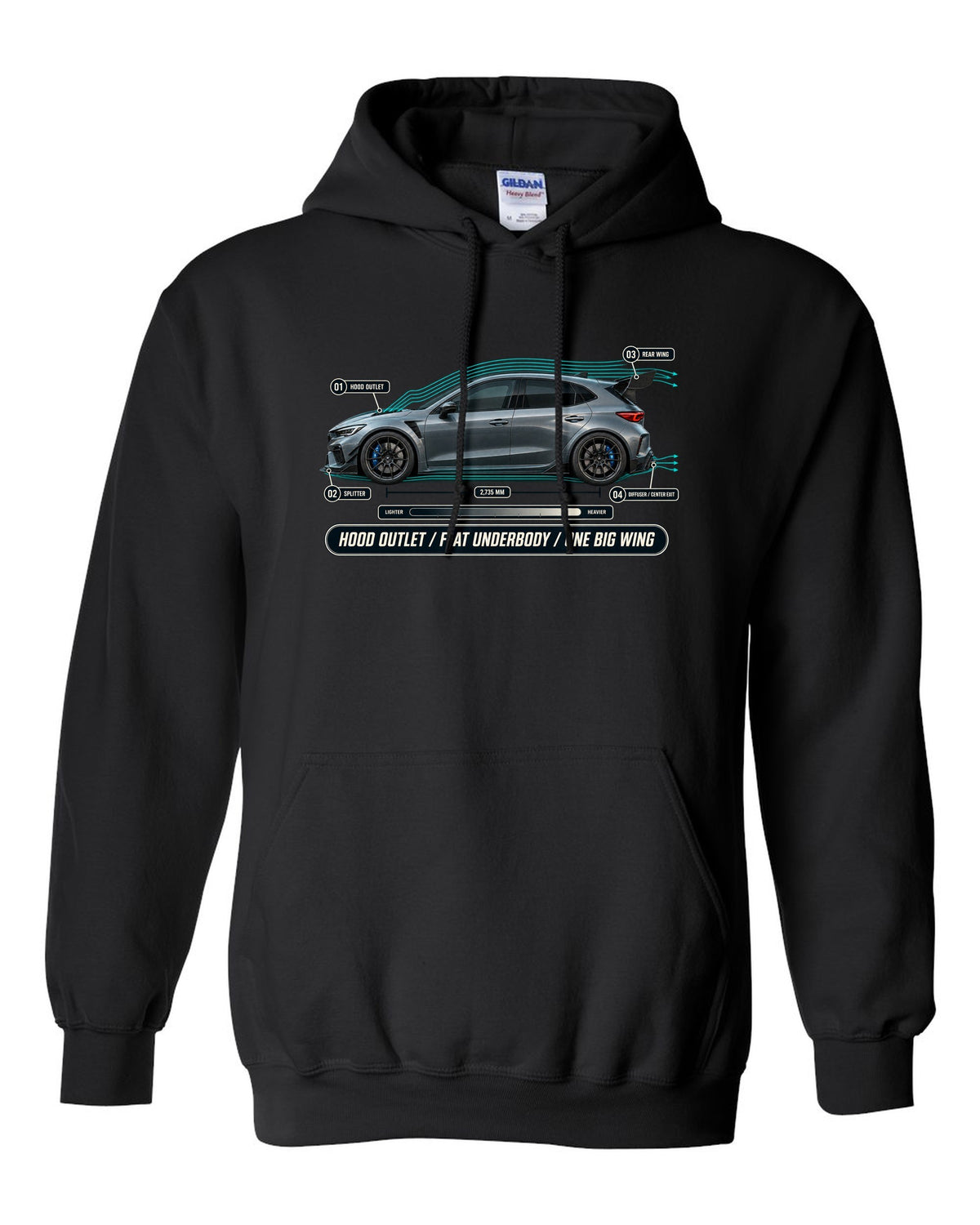 Honda Civic Type R FL5 Airflow Callouts black pull over hoodie front view with the design