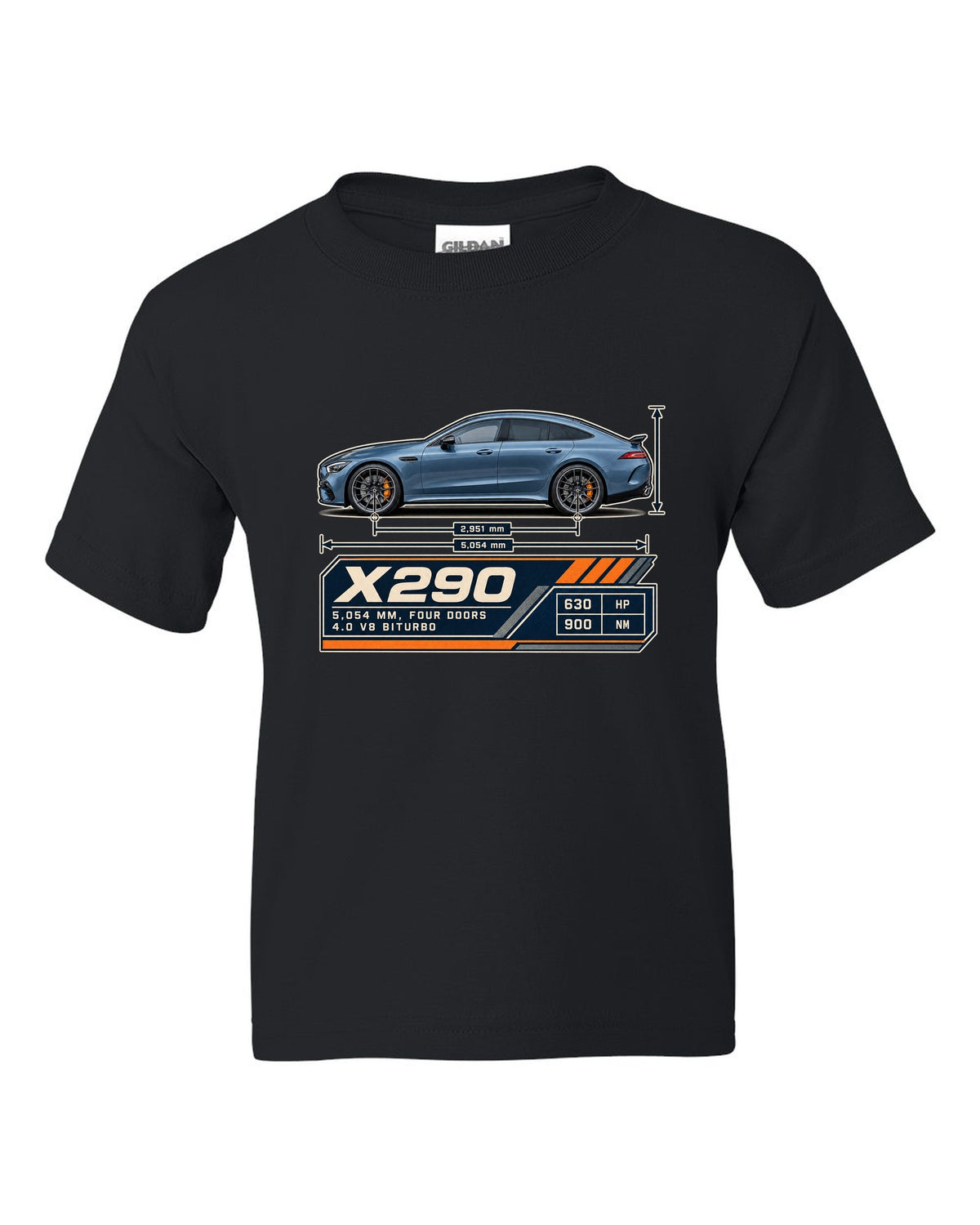 Mercedes-AMG GT 63 S 4-Door X290 steel blue blueprint print black kids tee front view with the design
