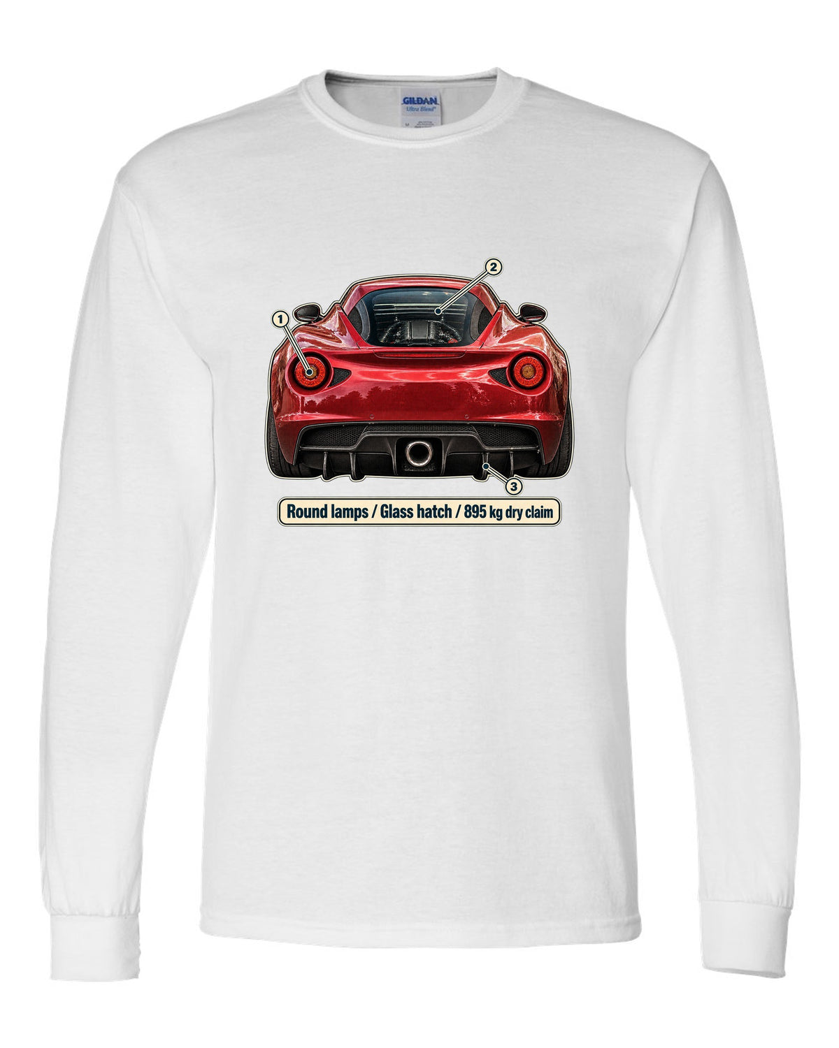 Taillight macro print of the Alfa Romeo 4C showing round lamps and glass ch white long sleeve front view with the design