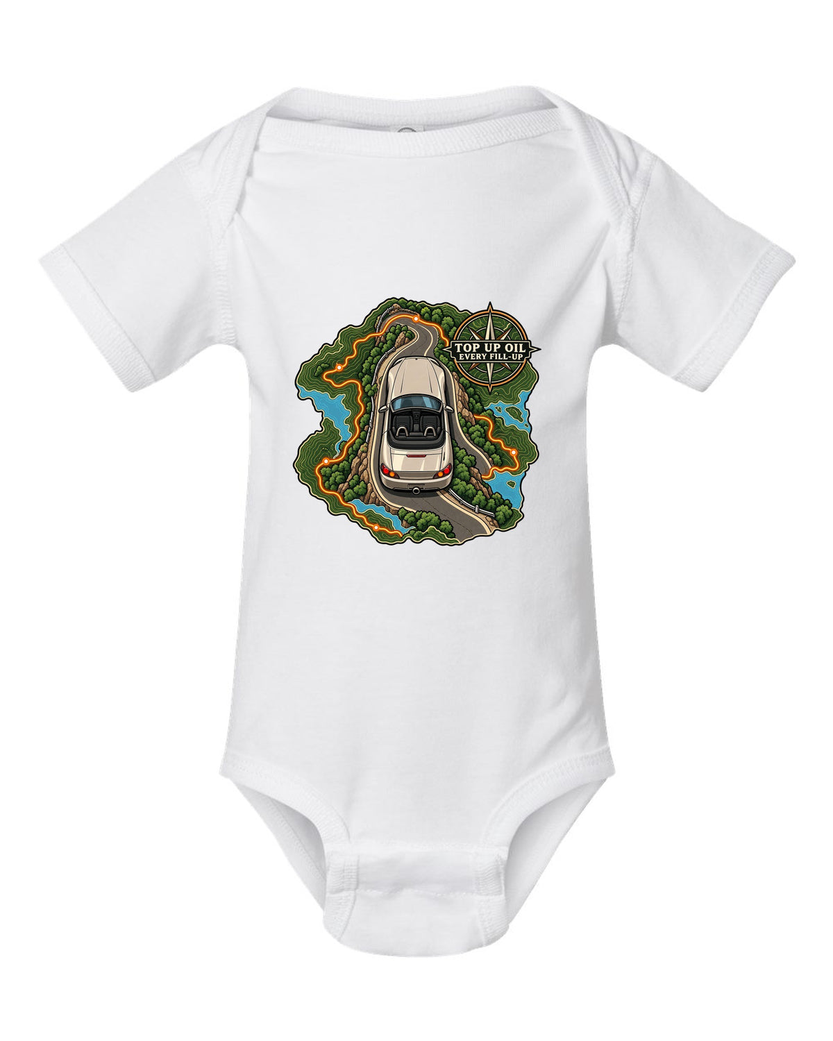 Topographic route map print of a 1999 Honda S2000 AP1 roadster with top up oil text white baby onesie front view with the design