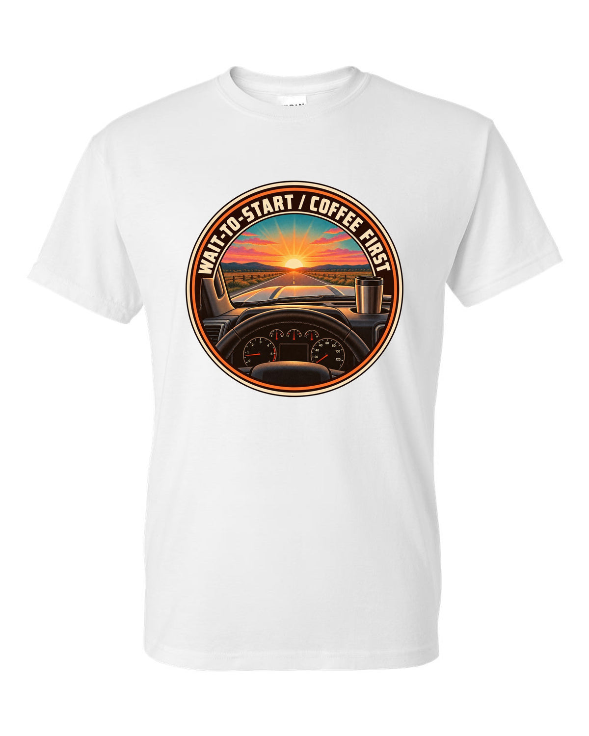 Retro sunset crest print for a 2010-2018 Ram 2500 6.7 Cummins with wait-to-start coffee first text white t-shirt front view with the design