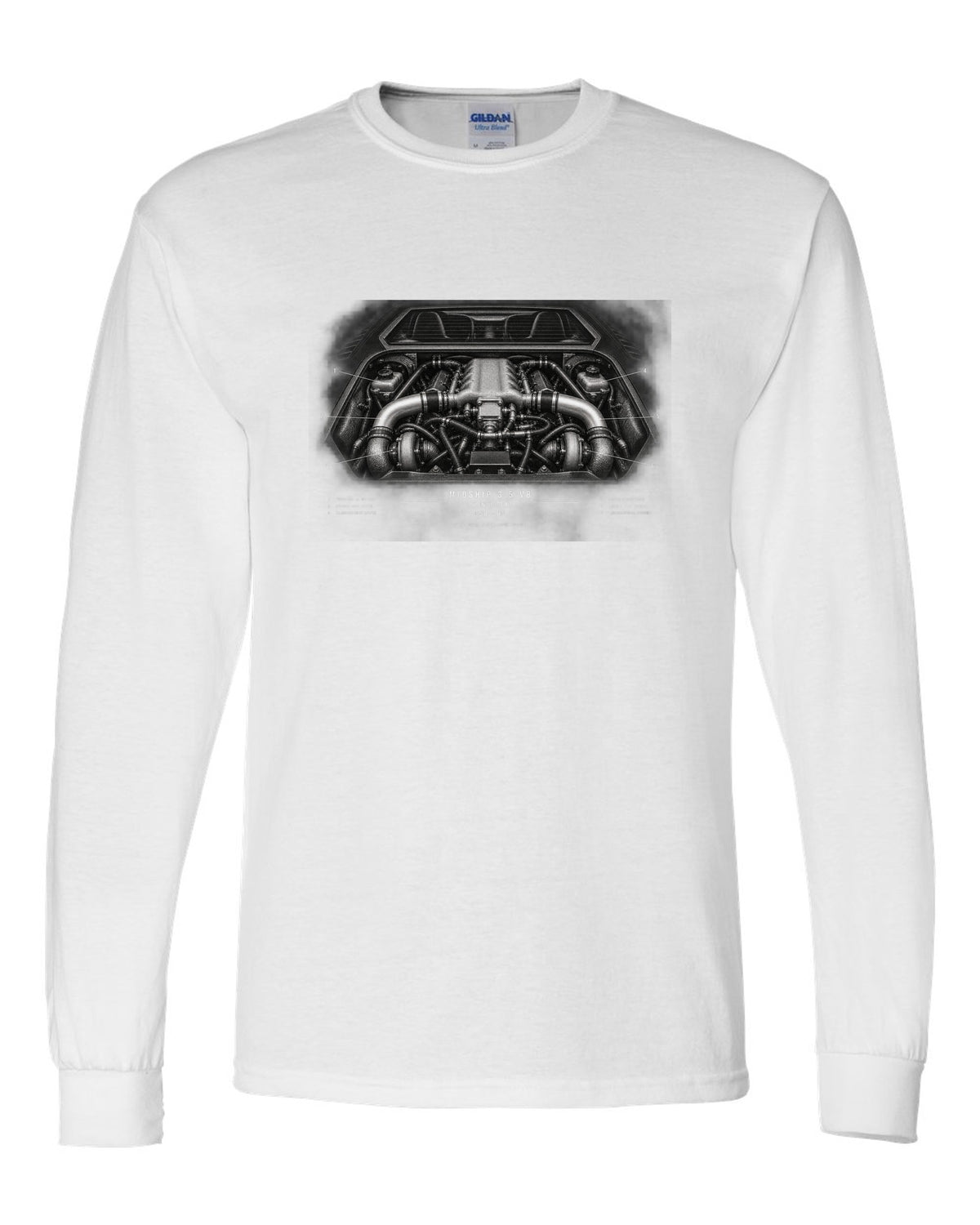 Engine hero print of a 1996 Lotus Esprit V8 with twin-turbo midship 3.5 V8 text white long sleeve front view with the design