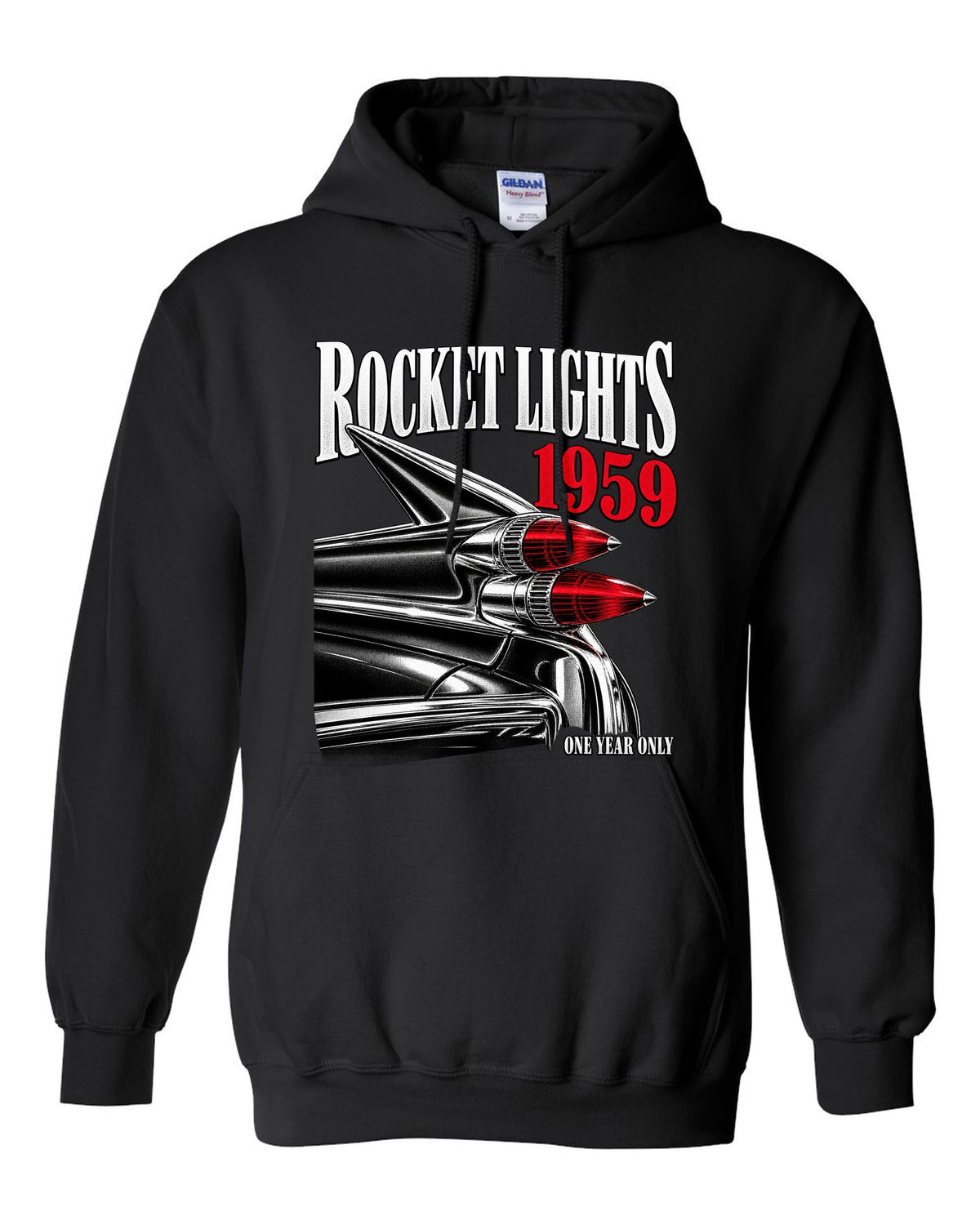 print macro of the rocket taillights on a 1959 Cadillac Series 62 Coupe de Ville black pull over hoodie front view with the design