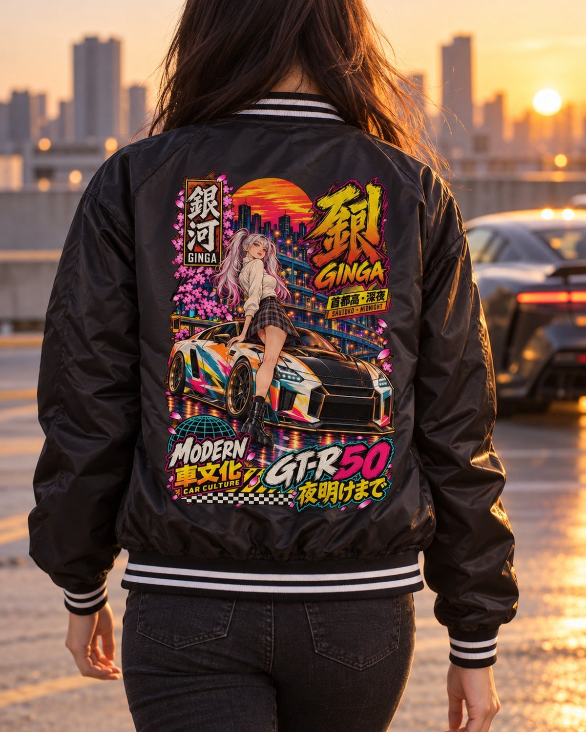 GINGA GT-R50 Anime Girl Full-Back Graphic Tee Bomber Jacket Black worn hero