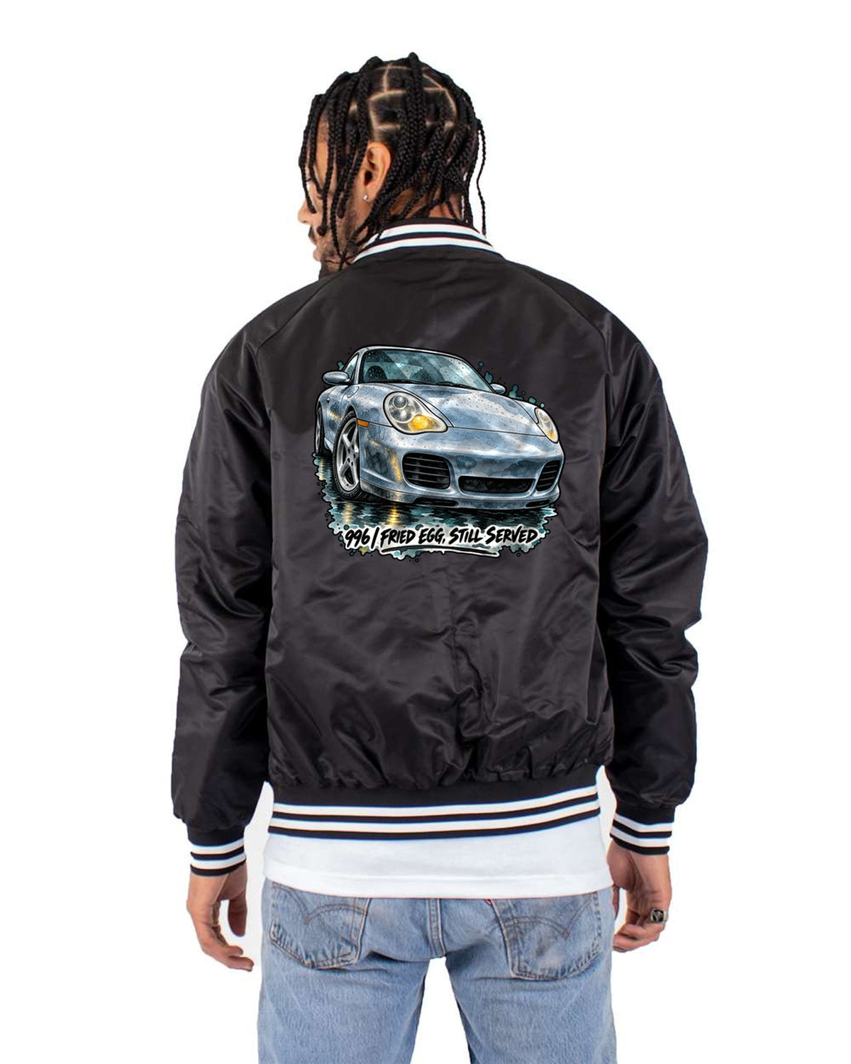 Porsche 911 996 Fried Egg Headlight Watercolor Rain Shirt Bomber Jacket Black back