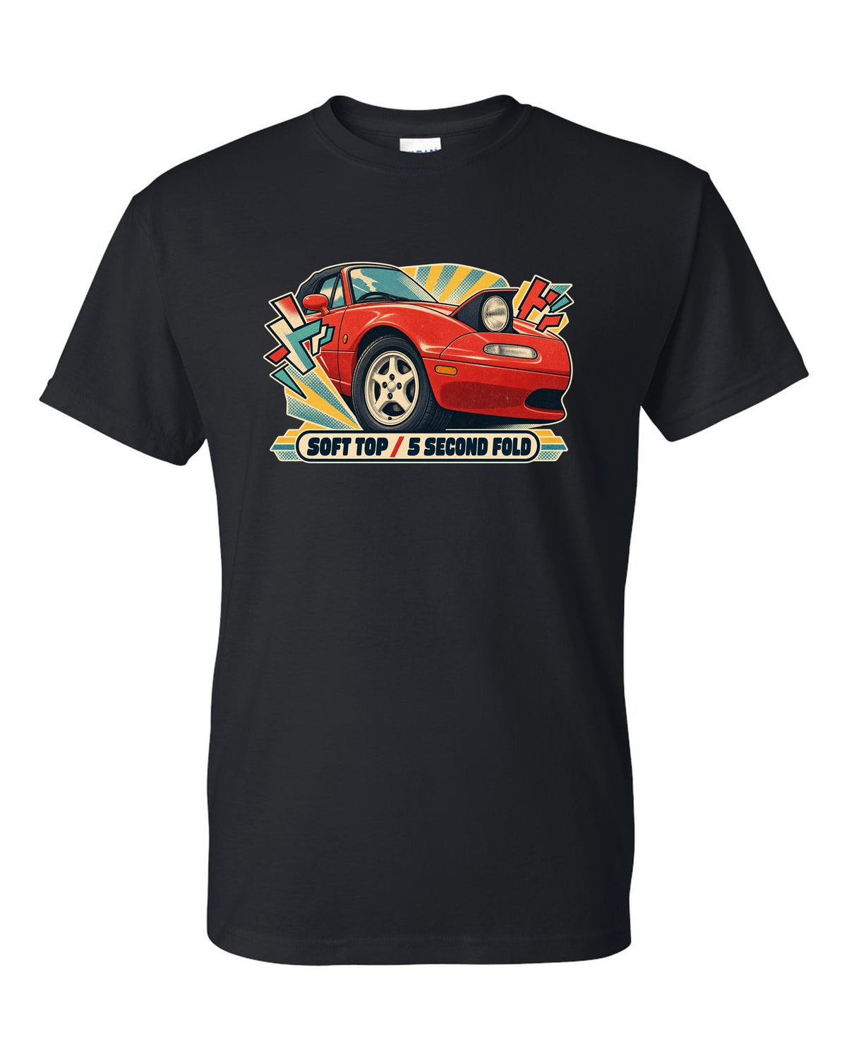 HUD style gauge cluster of a Mazda MX-5 NB with 7K redline text black t-shirt front view with the design