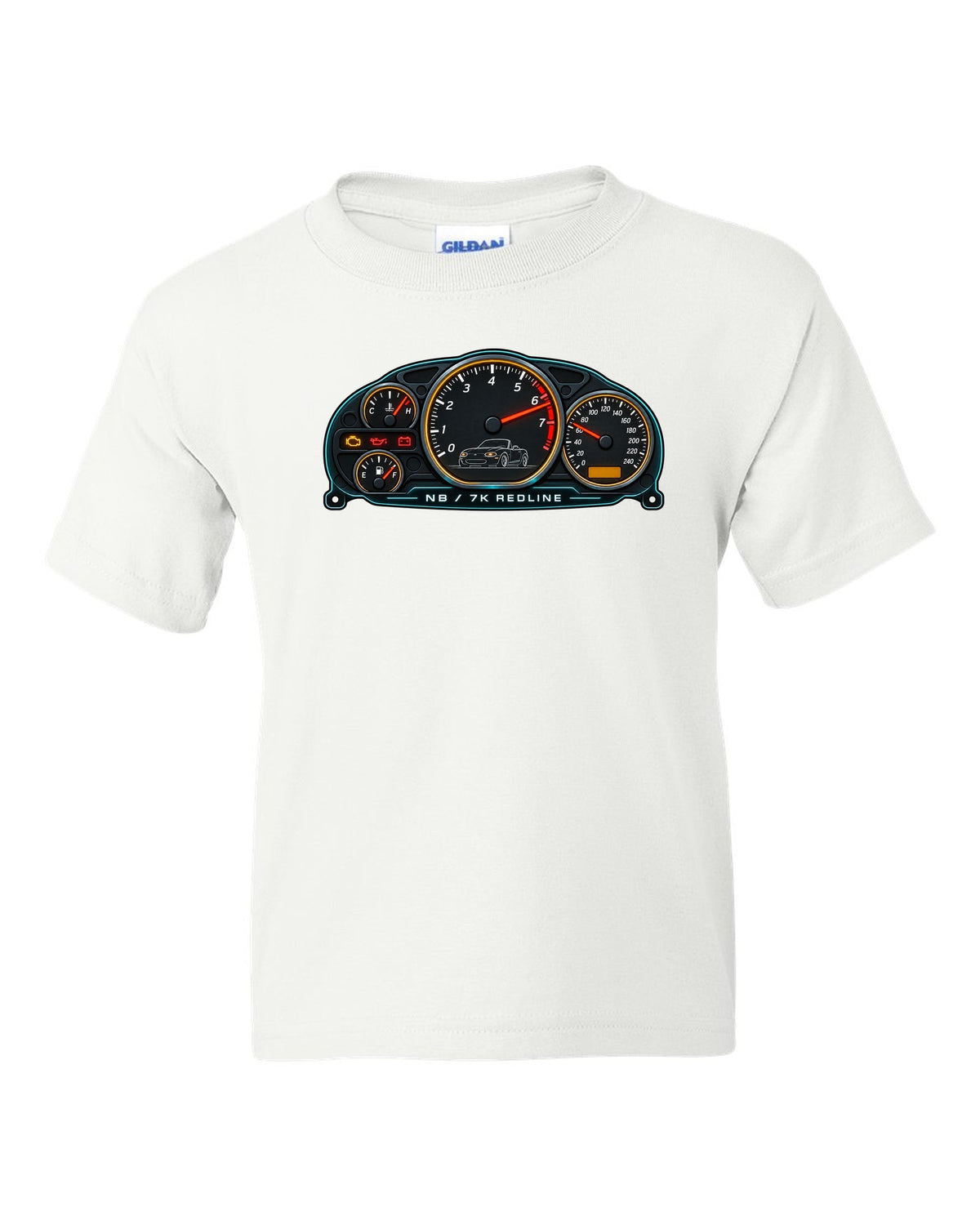 Retro Japanese Showa catalogue spread of a Mazda MX-5 NA with wheels and soft top text white kids tee front view with the design