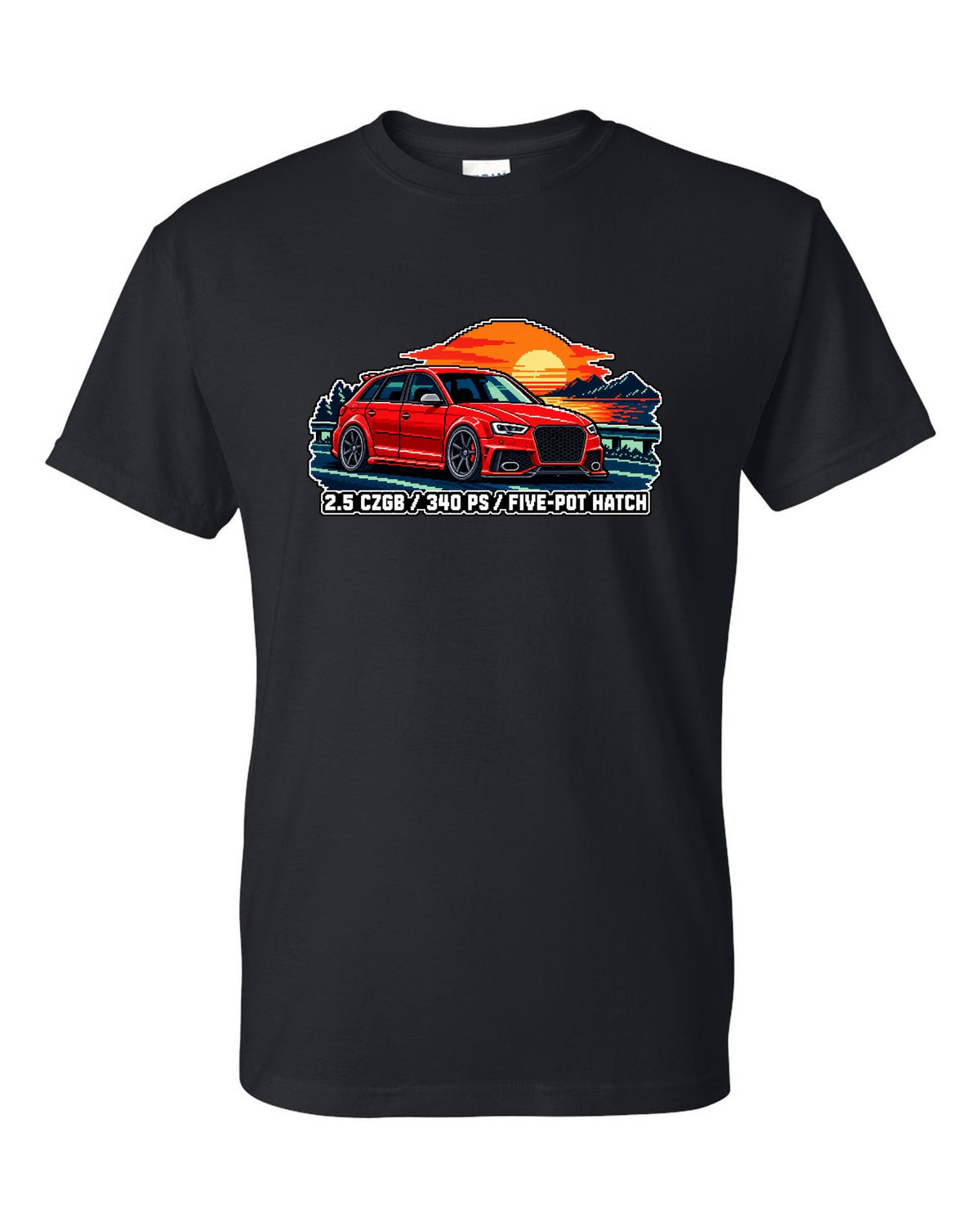16-bit pixel art print of an Audi RS3 Sportback 8P with 2.5 CZGB text black t-shirt front view with the design