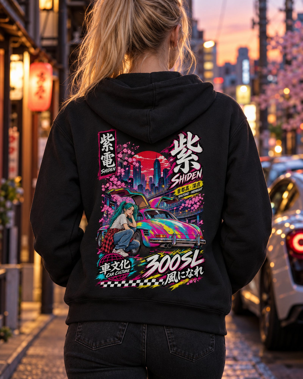 SHIDEN 300SL Anime Girl Full-Back Graphic Tee Zip Hoodie Black worn hero