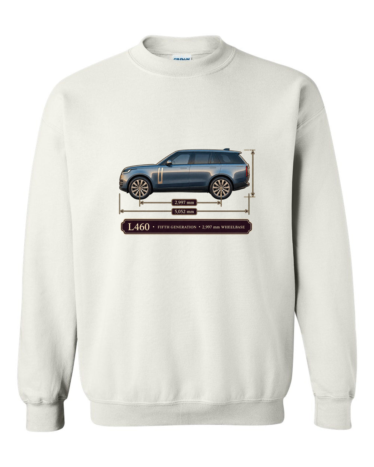 Dimension blueprint print of the Range Rover L460 fifth generation with wheelbase white crewneck front view with the design