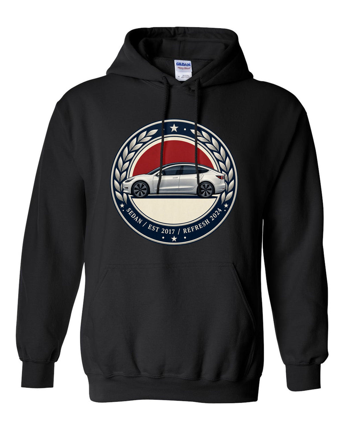 Round crest print of a Tesla Model 3 sedan reading Est 2017 and Refresh 2024 black pull over hoodie front view with the design