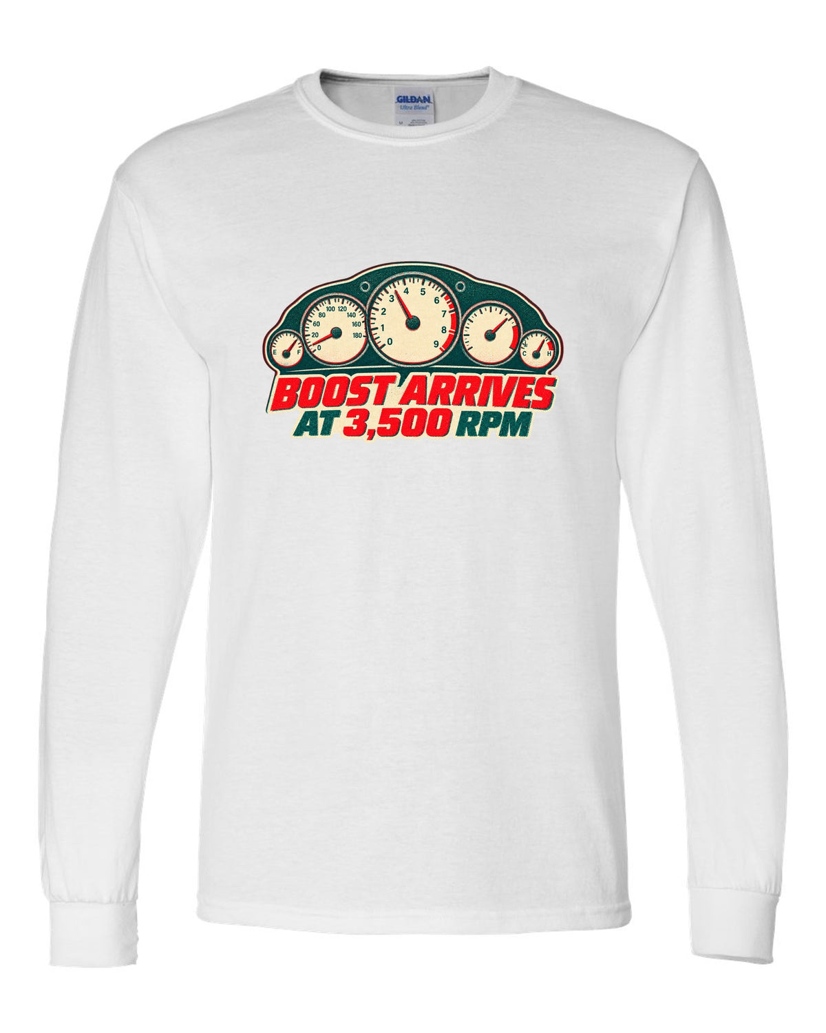 Risograph two-colour print of a tachometer for the Nissan Skyline GT-R R33 BCNR33 white long sleeve front view with the design