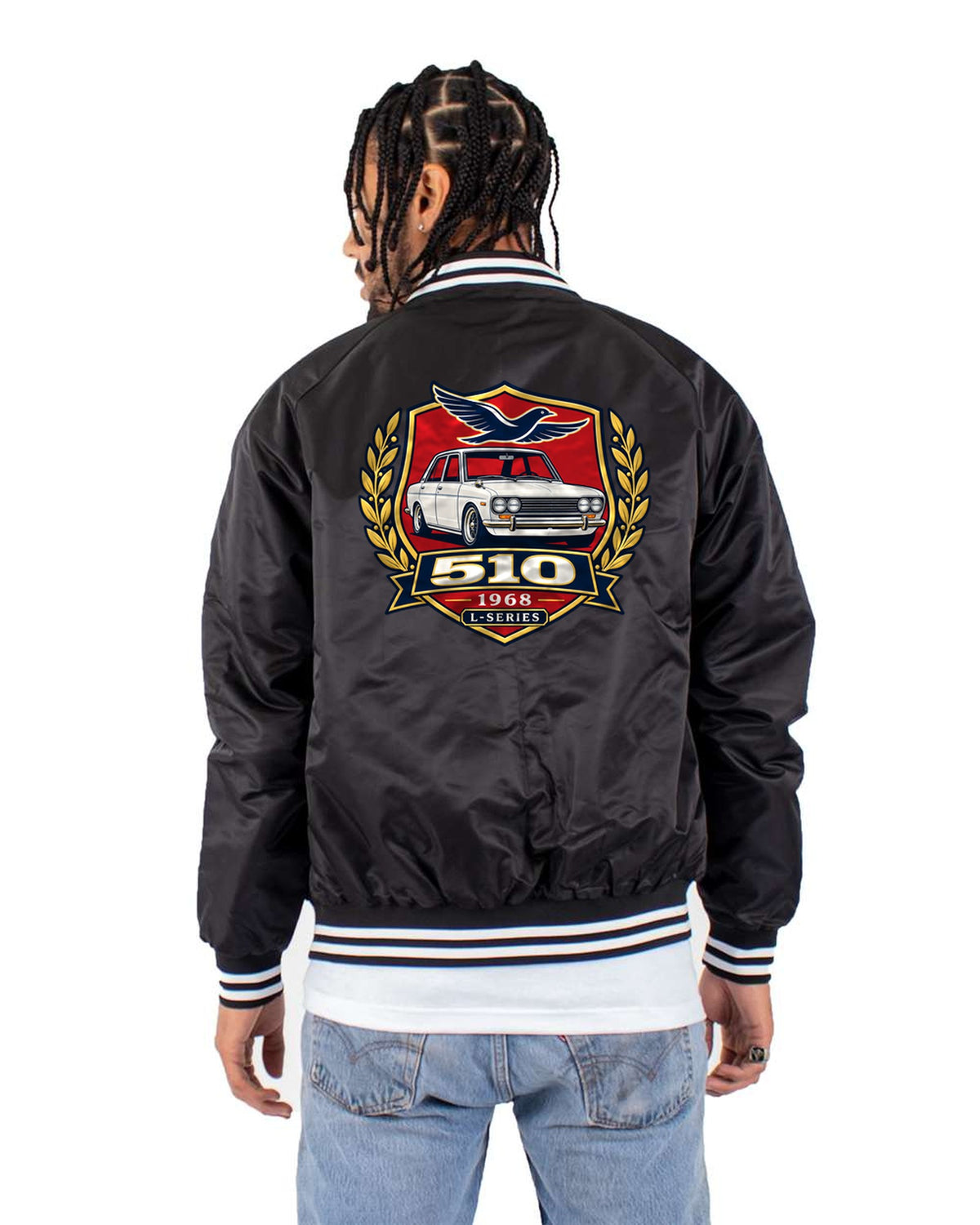 Datsun 510 Shield Crest print Tee, 1968 L-Series Bomber Jacket Black back