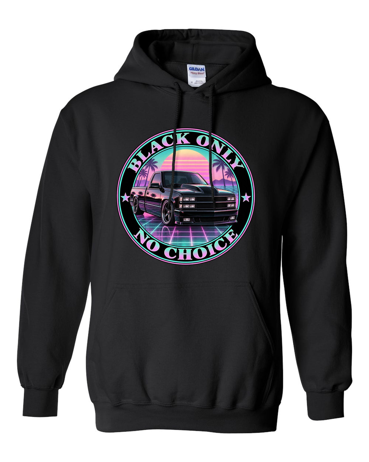 Pastel vaporwave print of a 1990-93 Chevrolet 454 SS pickup with black only no choice lettering black pull over hoodie front view with the design