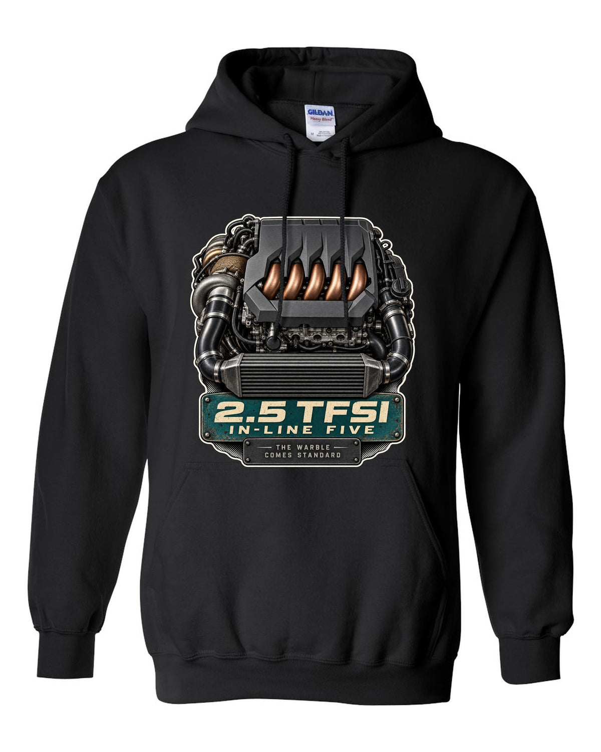 Engine bay print of the Audi RS3 8Y 2.5 TFSI in-line five black pull over hoodie front view with the design