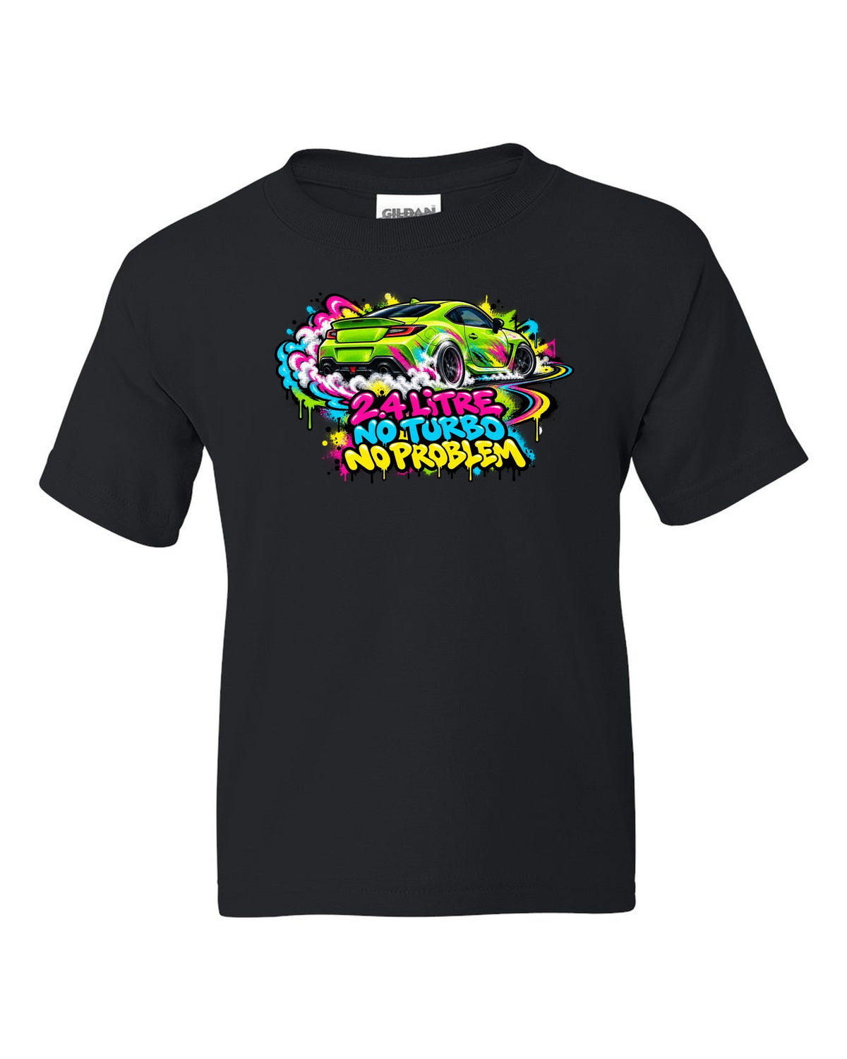 Subaru BRZ ZD8 sideways in front of a graffiti wall, 2.4 LITRE / NO TURBO / NO PROBLEM black kids tee front view with the design