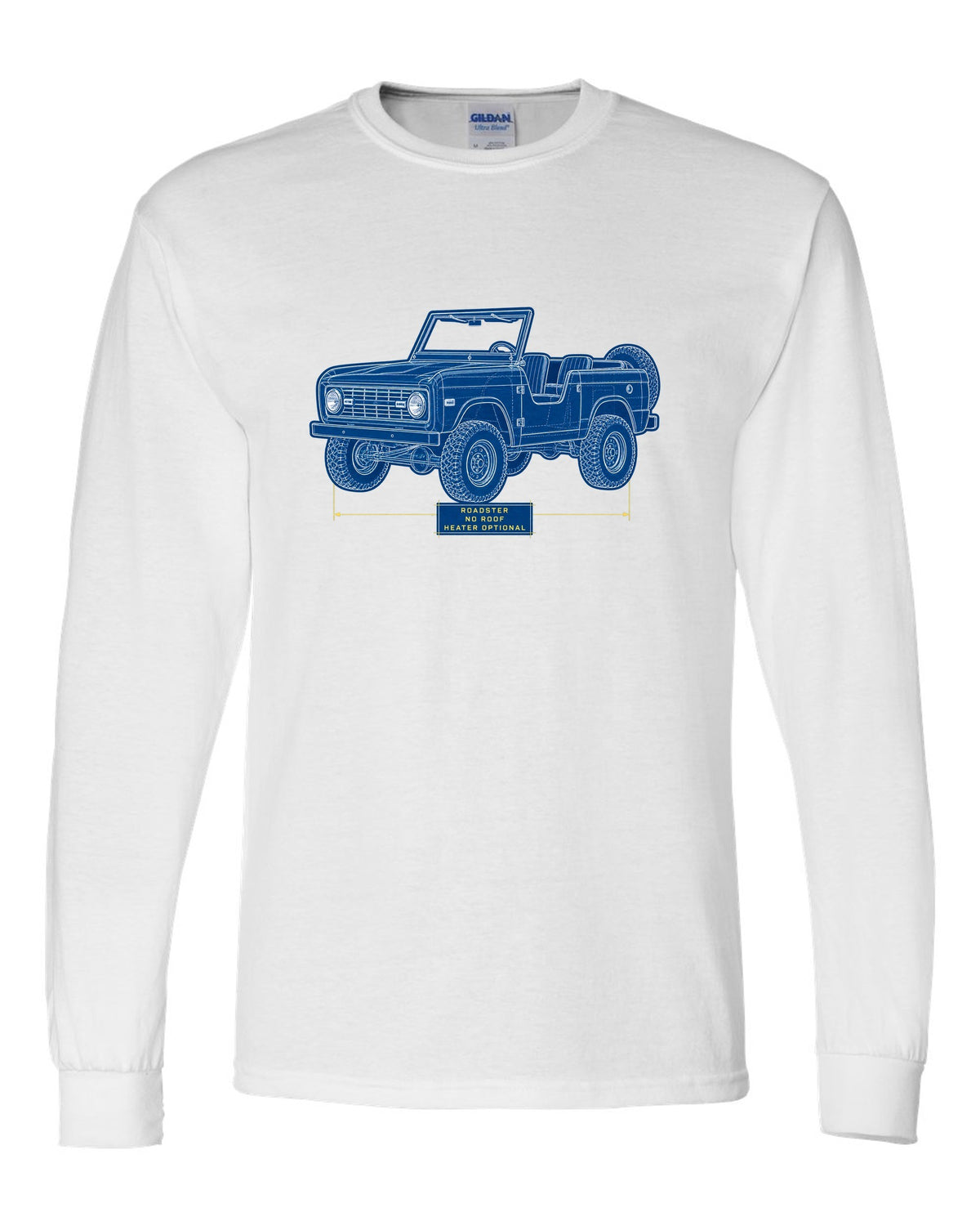 Cyanotype plan-view blueprint of a 1966 Ford Bronco U13 roadster on a trail map with NO ROOF lettering white long sleeve front view with the design