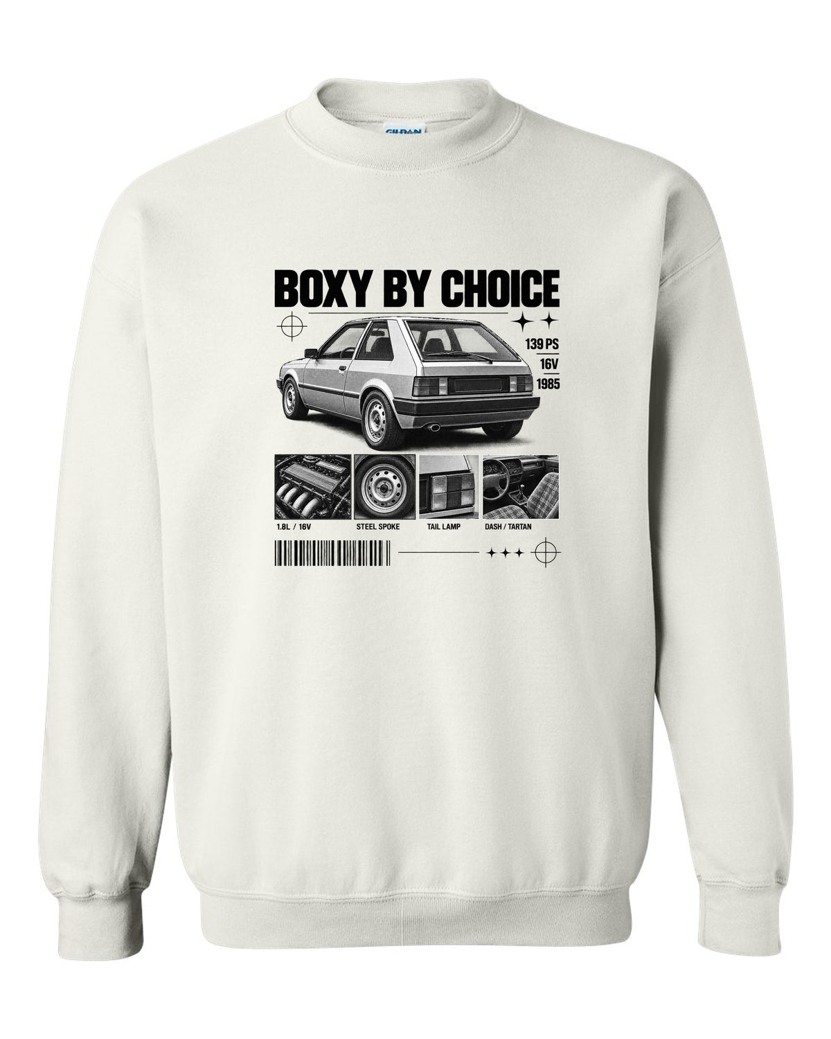 VW Golf Mk2 GTI 16V 1985 rear three-quarter in dossier panels with 139 PS text white crewneck front view with the design