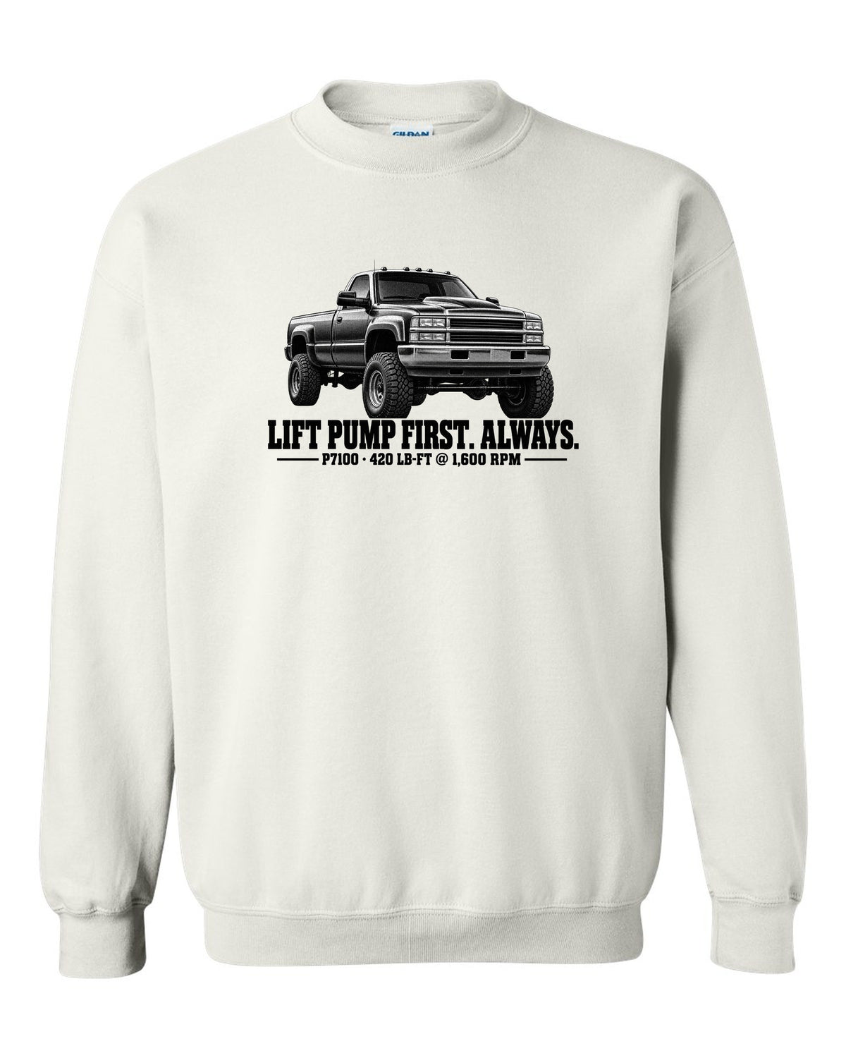 Halftone print of a 1994-98 Ram 2500 12V with lift pump advice and P7100 torque figures white crewneck front view with the design
