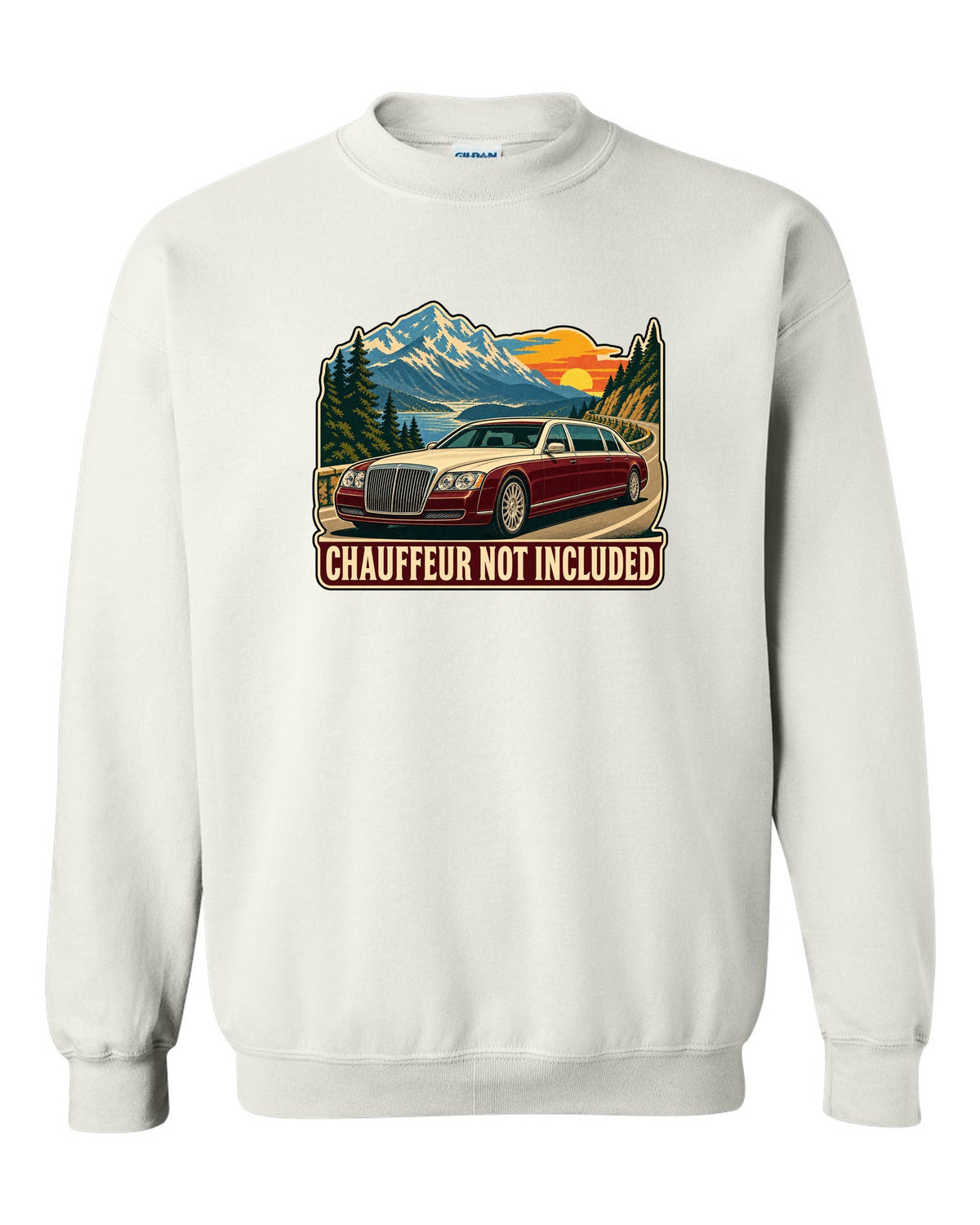 1960s litho travel poster of a Maybach 57 W240 with Chauffeur Not Included text white crewneck front view with the design