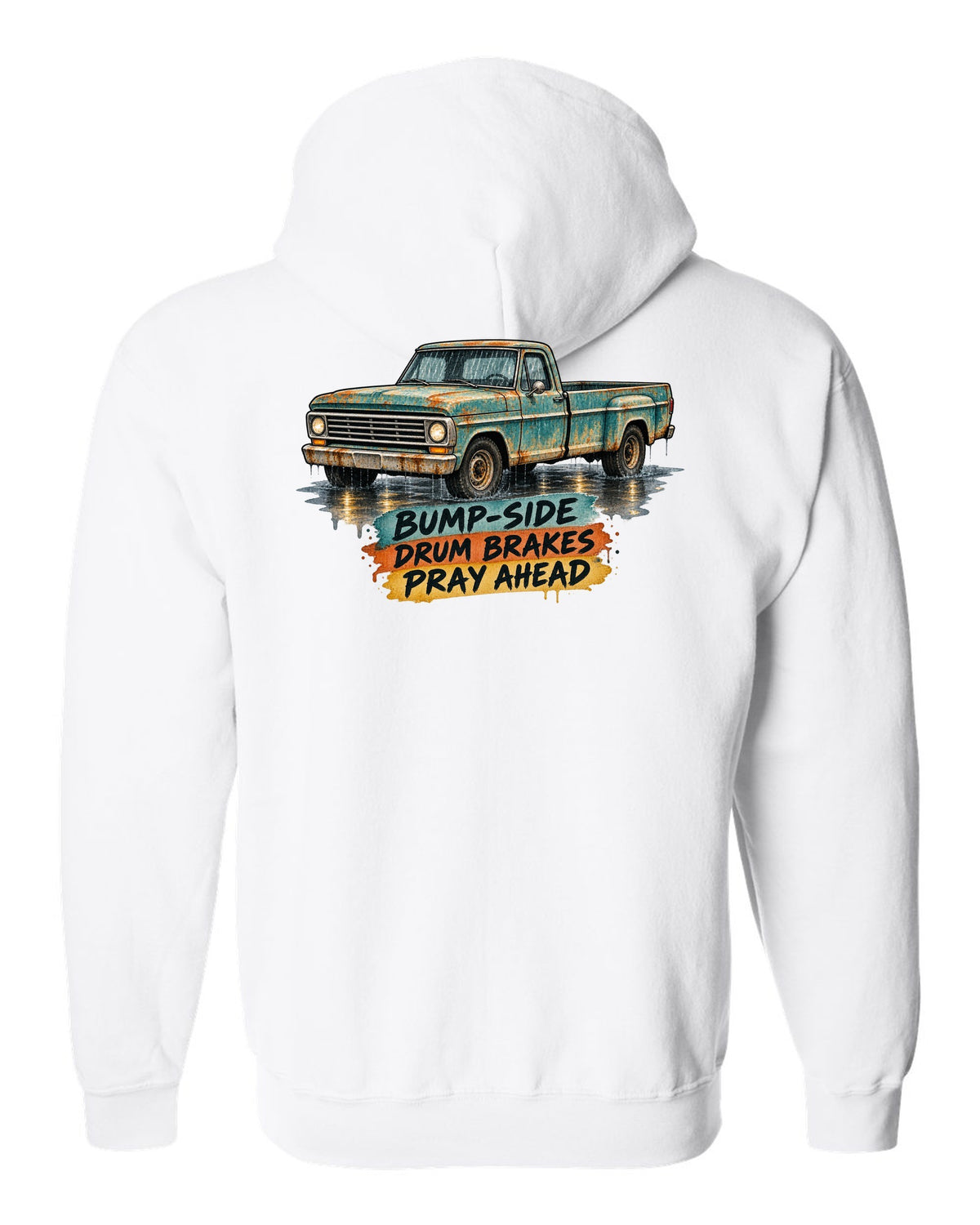 1967-72 Ford F-Series Bump-Side Barn Find Watercolour white zip hoodie back view with the design