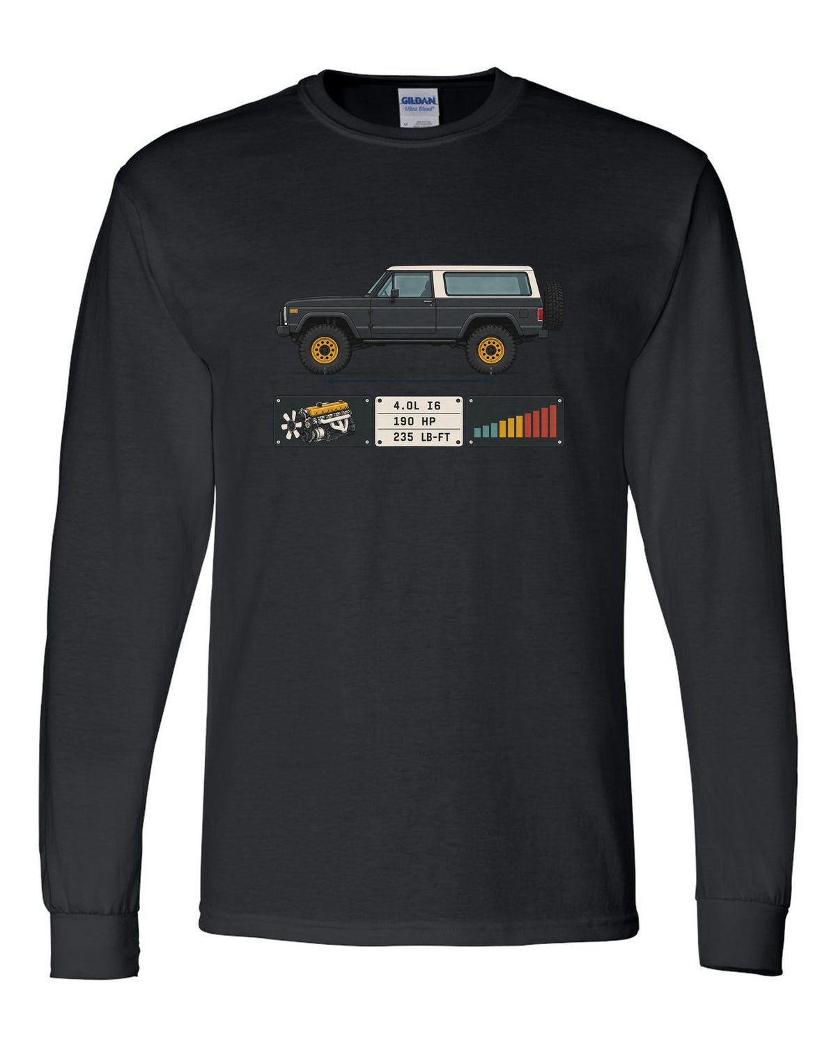 Jeep Wrangler LJ Unlimited spec sheet data plate design with 4.0L I6 190 HP 235 lb-ft black long sleeve front view with the design