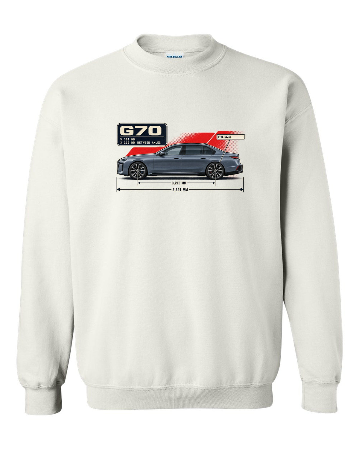 Dimension blueprint print of the BMW i7 M70 xDrive G70 white crewneck front view with the design
