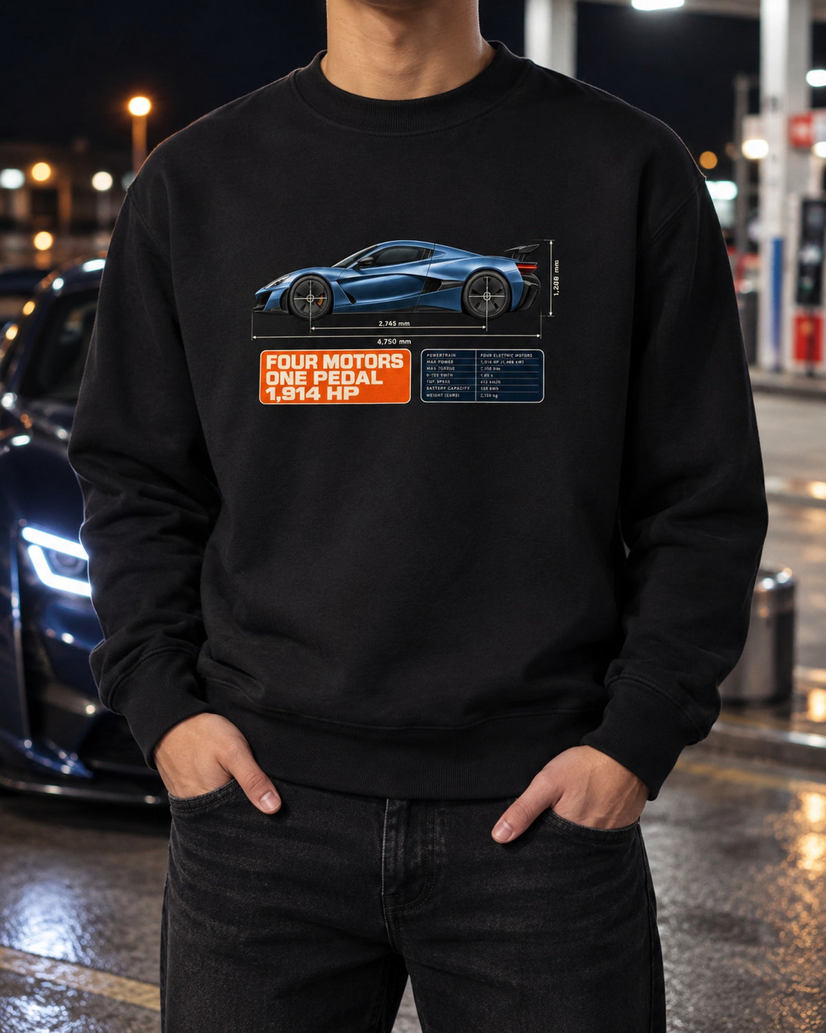 Rimac Nevera Dimension Blueprint Shirt, 1,914 HP Electric Hypercar Crewneck Black worn hero