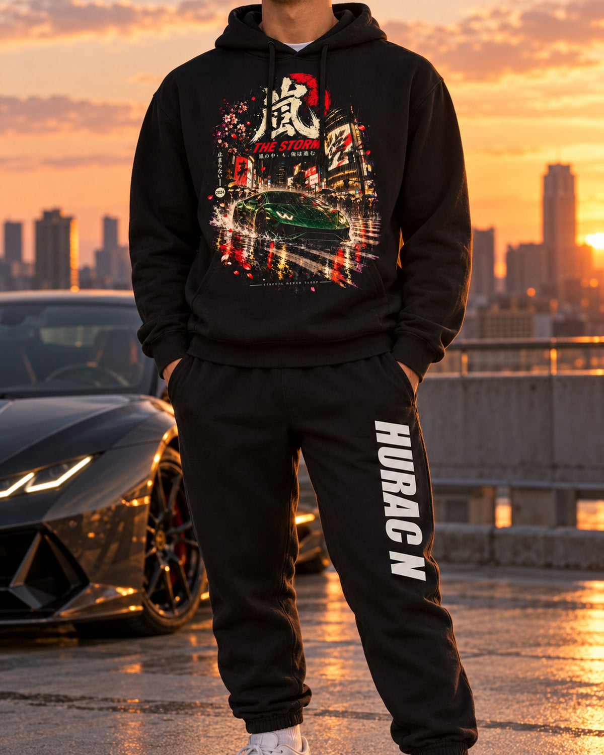 Lamborghini Hurac N Dream Car Hoodie + Jogger Set Black worn hero
