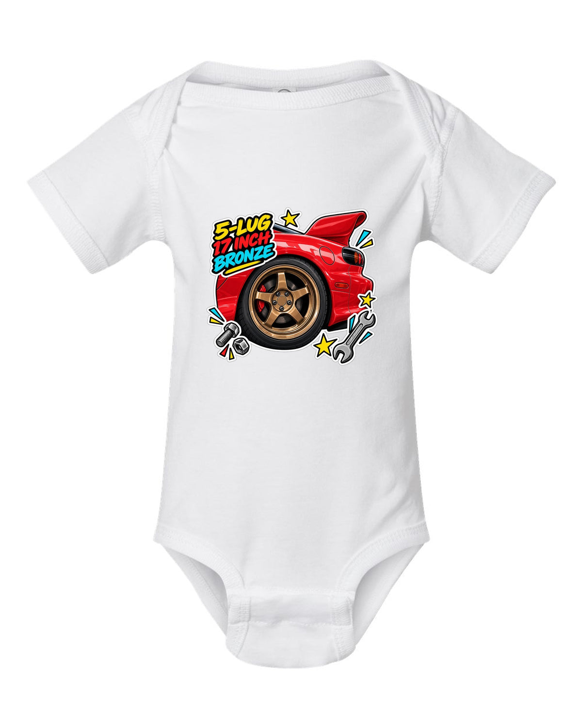 Watercolour wet road night print of a Mazda MX-5 ND RF with the text Roof Folds in 13 Seconds white baby onesie front view with the design