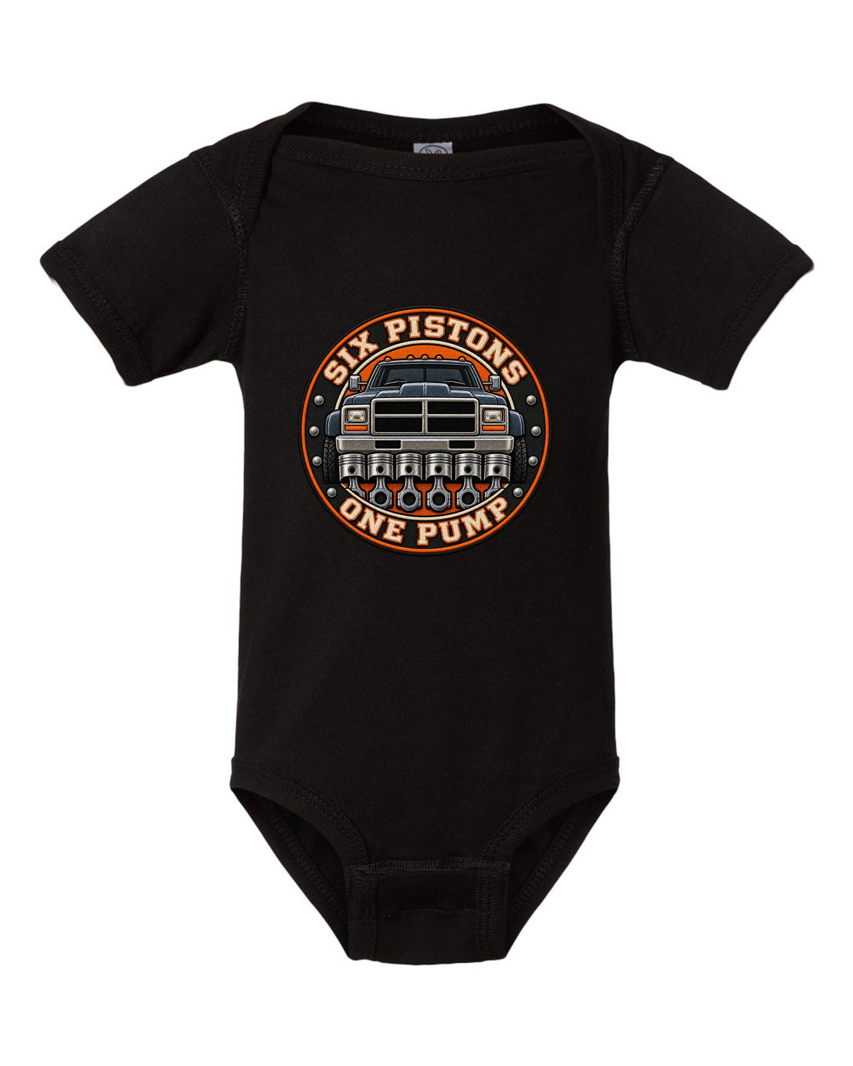 Round varsity crest print for a 1994-1998 Dodge Ram 2500 12V Cummins black baby onesie front view with the design