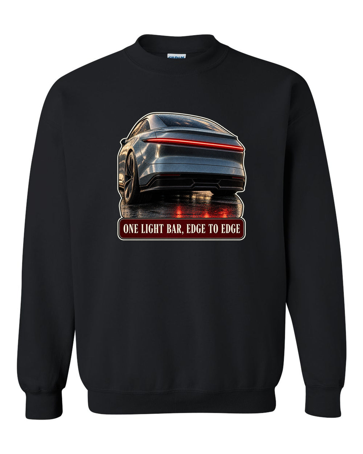Taillight macro print of a Lucid Air Sapphire with a single light bar black crewneck front view with the design