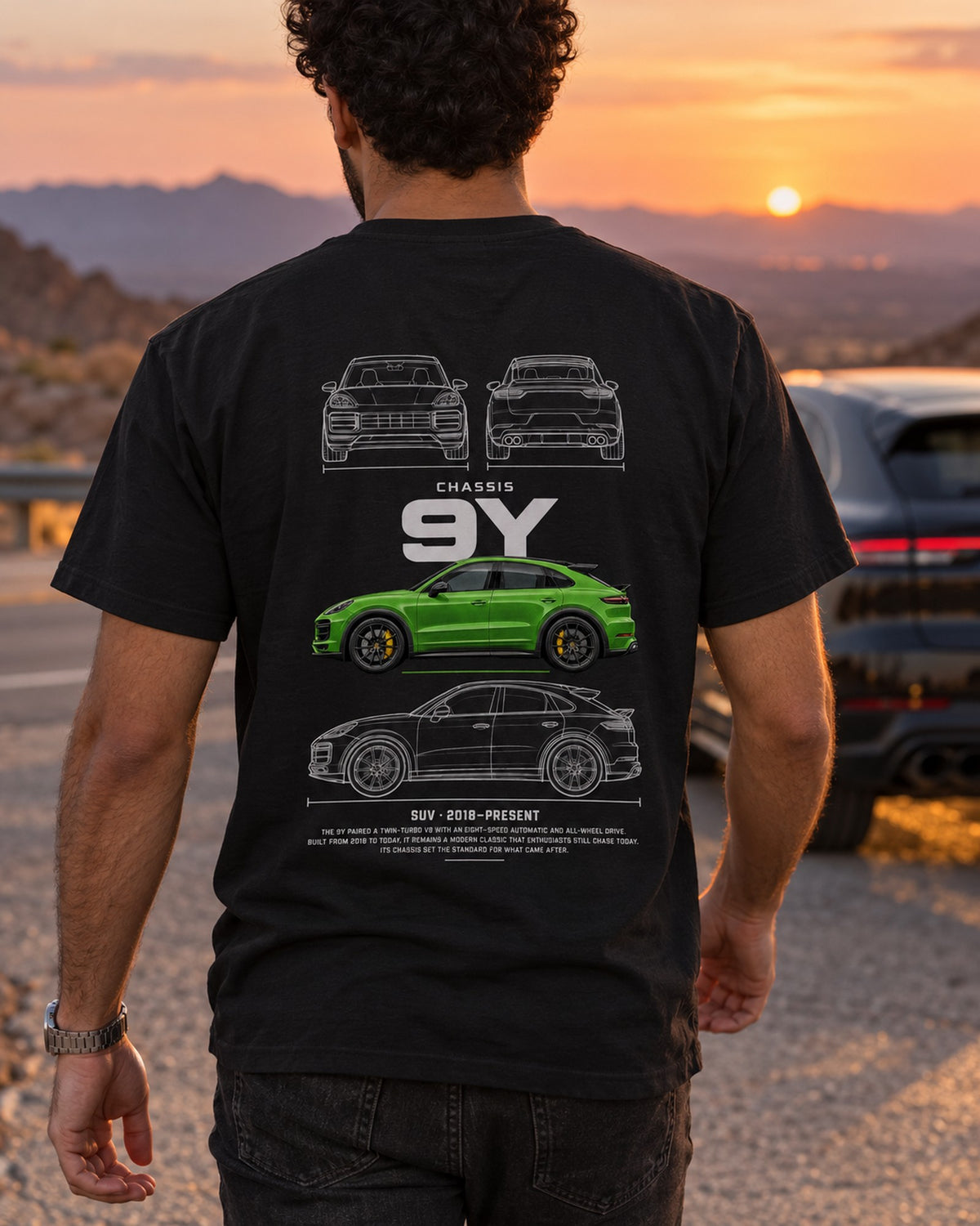 Porsche Cayenne Turbo GT Blueprint Full-Back Graphic Tee, 9Y Chassis Code T-Shirt Black worn hero
