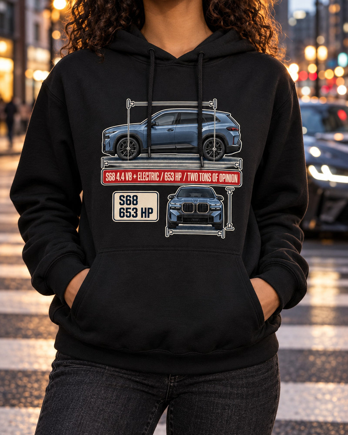 BMW XM G09 Dimension Blueprint Tee, S68 V8 Plug-In SUV Pull Over Hoodie Black worn hero