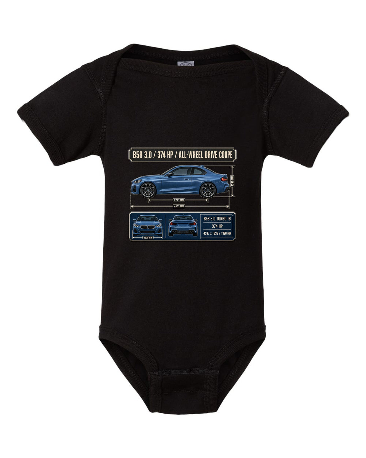 BMW M240i xDrive G42 coupe dimension blueprint print black baby onesie front view with the design