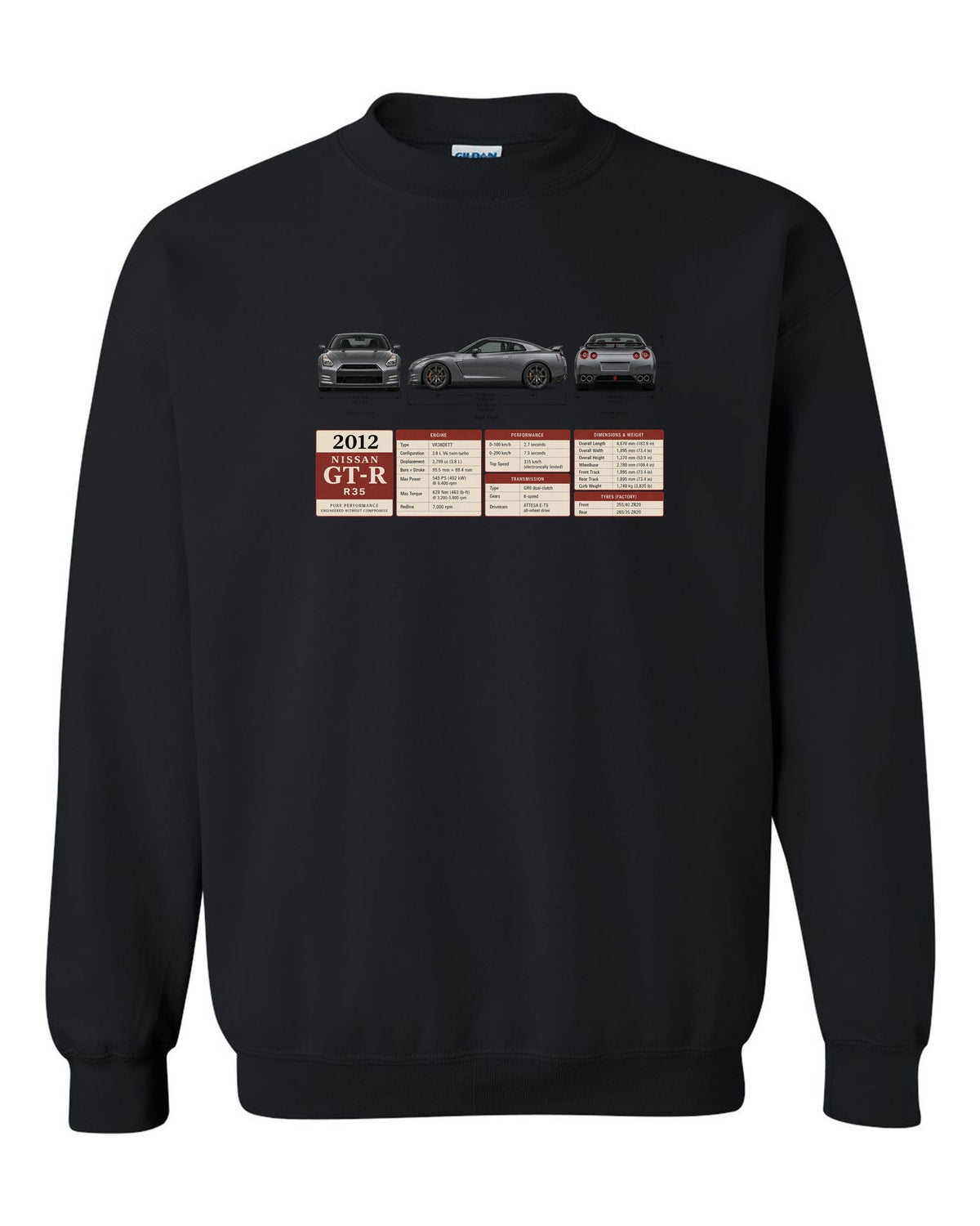 Three-view drawing and spec table of a 2012 Nissan GT-R R35 in graphite grey black crewneck front view with the design