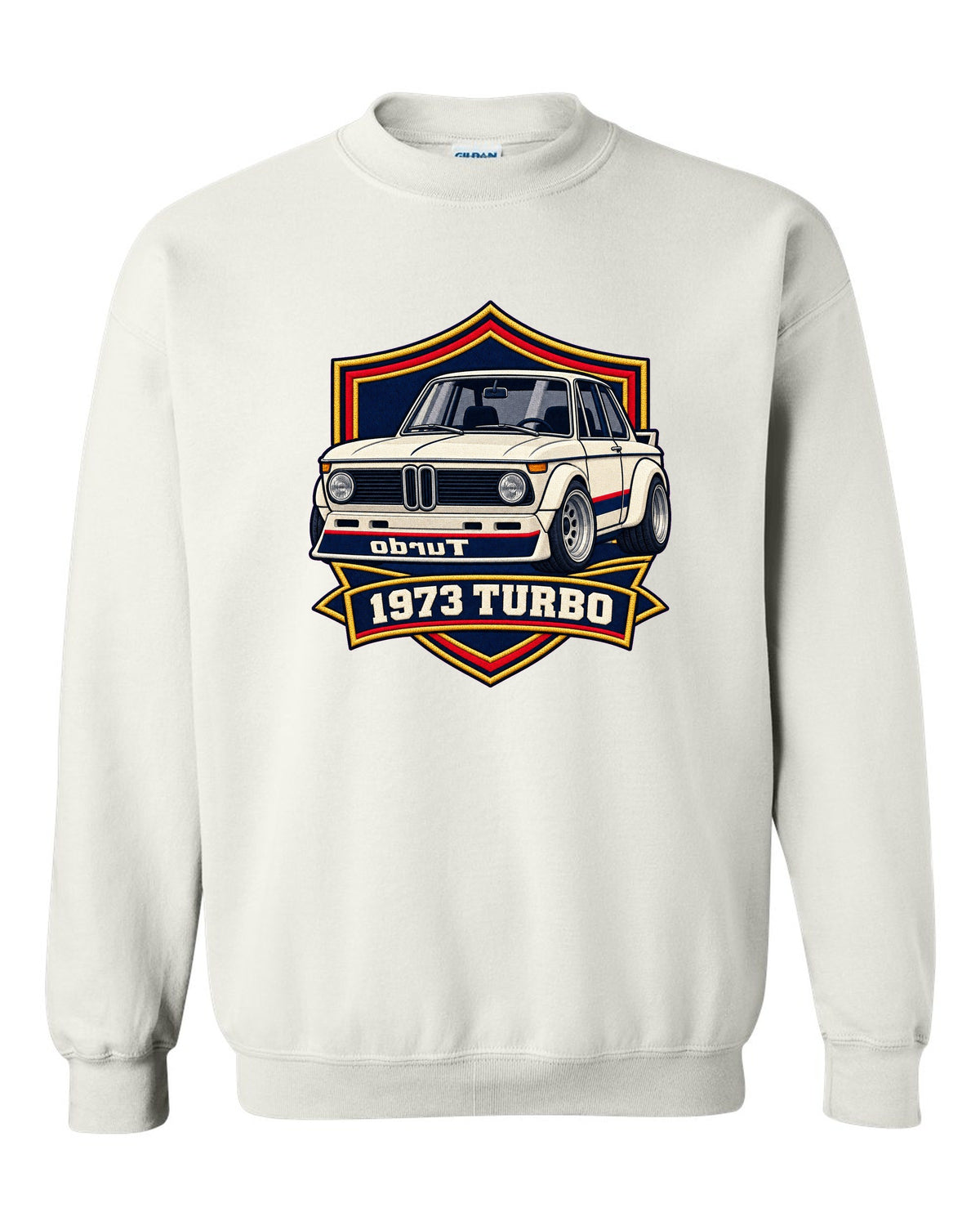 BMW 2002 turbo varsity crest print with mirrored turbo lettering and 1973 white crewneck front view with the design