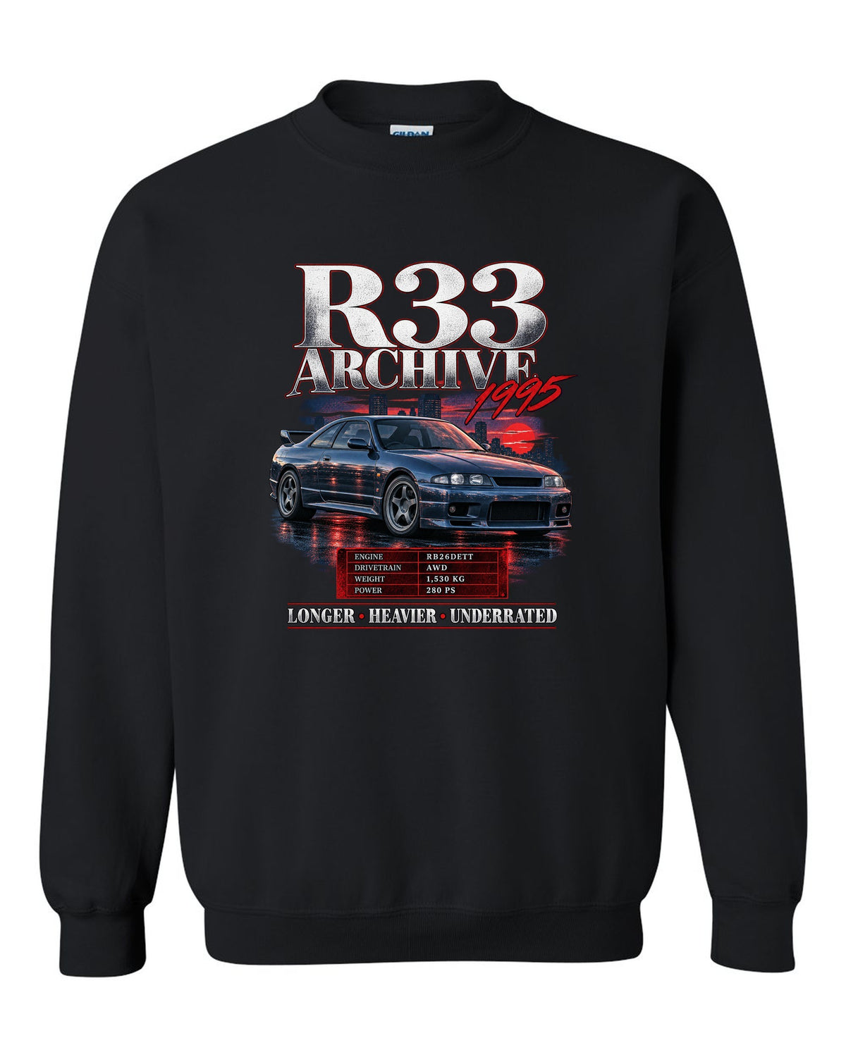 Archive panel print of a Nissan Skyline GT-R R33 BCNR33 with spec lettering black crewneck front view with the design