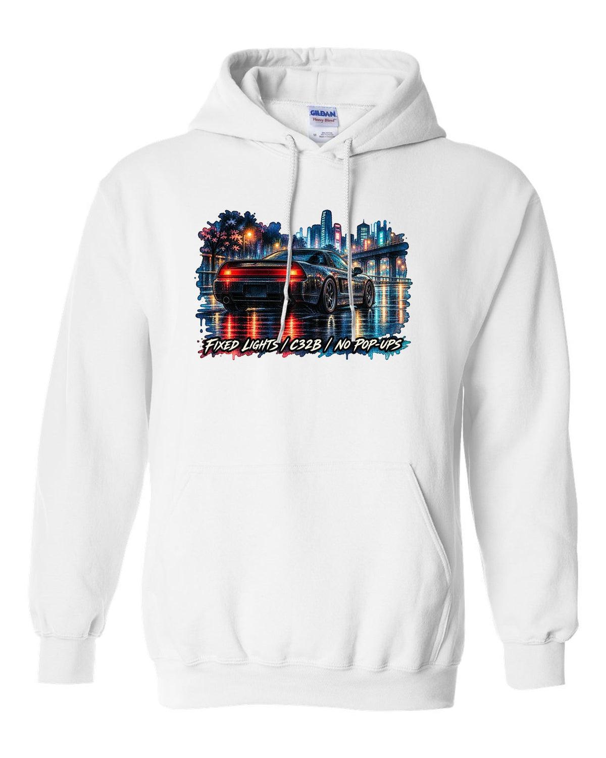 Watercolour wet-road night print of a Honda NSX NA2 with fixed lights C32B no pop-ups text white pull over hoodie front view with the design