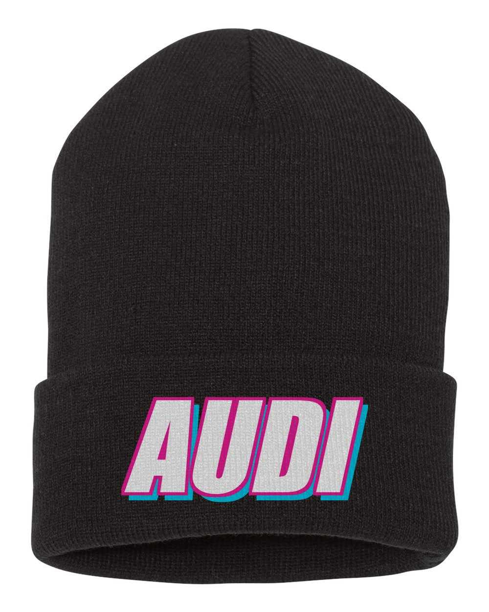 Audi black beanie front view with car name