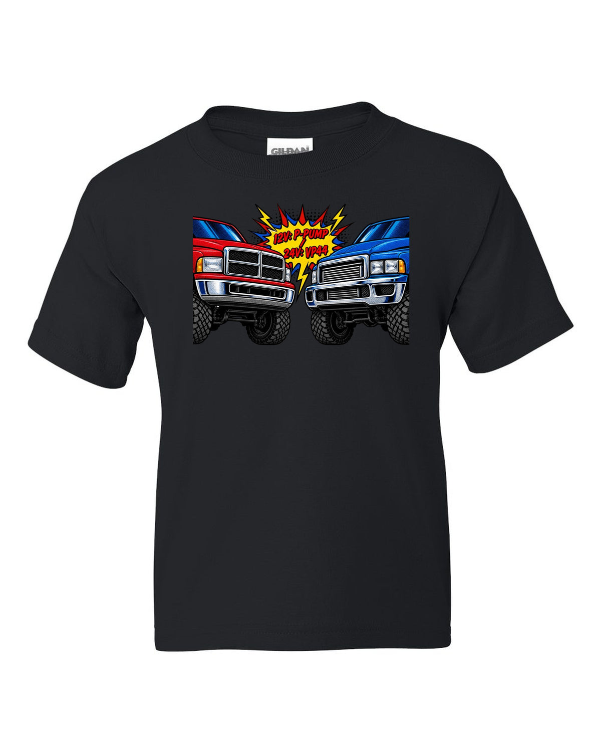 Comic halftone print comparing the 12V P-pump and 24V VP44 Cummins in a Ram 2500 black kids tee front view with the design