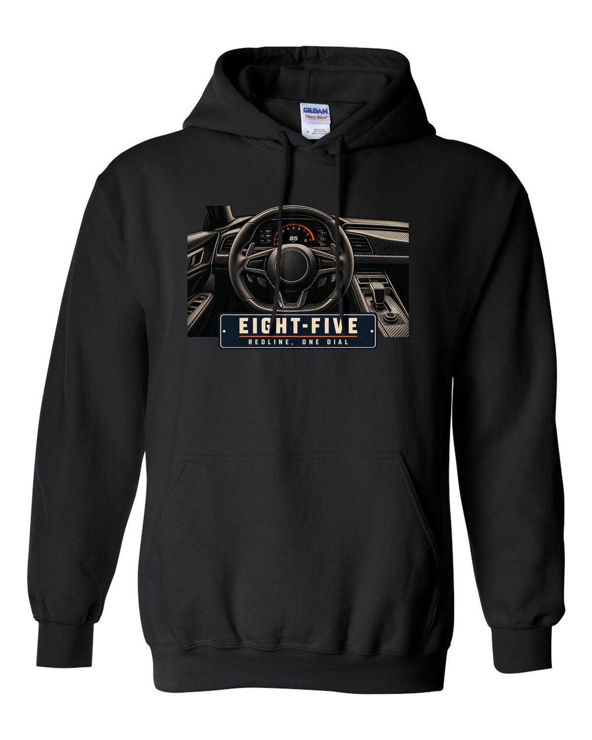 Cockpit and single dial of the Koenigsegg Jesko with carbon tub and flat dash, print black pull over hoodie front view with the design
