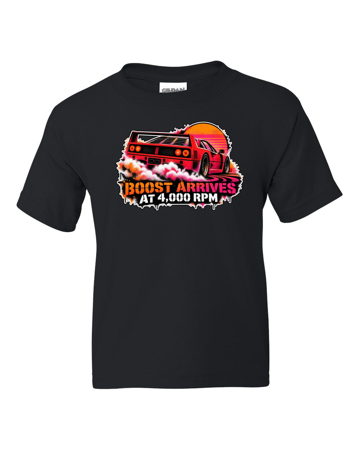 Stencil spray street-art print of a 1987 Ferrari F40 F120 with burnout and boost at 4,000 rpm text black kids tee front view with the design
