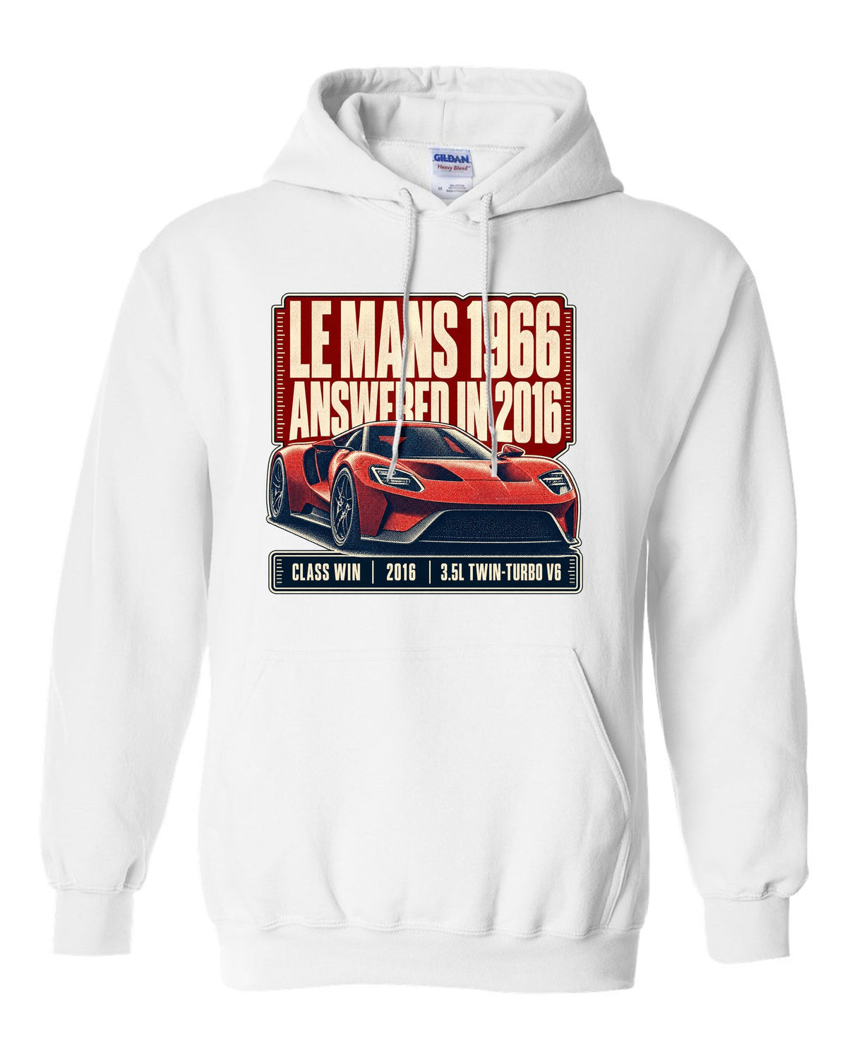 Halftone print of a Ford GT low front three-quarter with Le Mans 1966 and 2016 text white pull over hoodie front view with the design