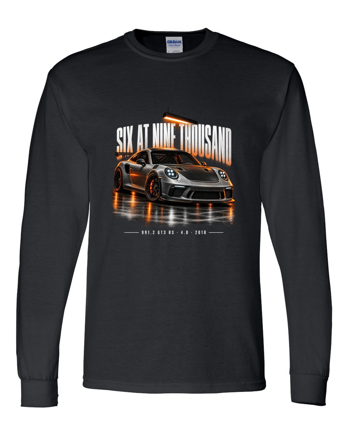 Garage night poster print of a 2018 Porsche 911 GT3 RS 991.2 black long sleeve front view with the design