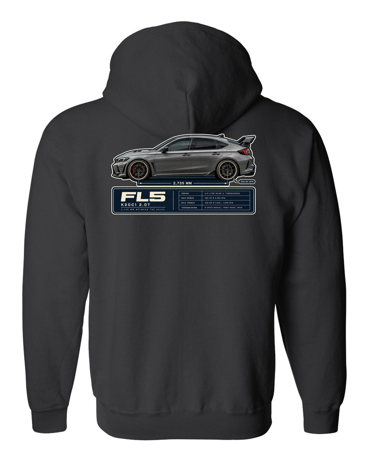 Honda Civic Type R FL5 Wheelbase Blueprint black zip hoodie back view with the design