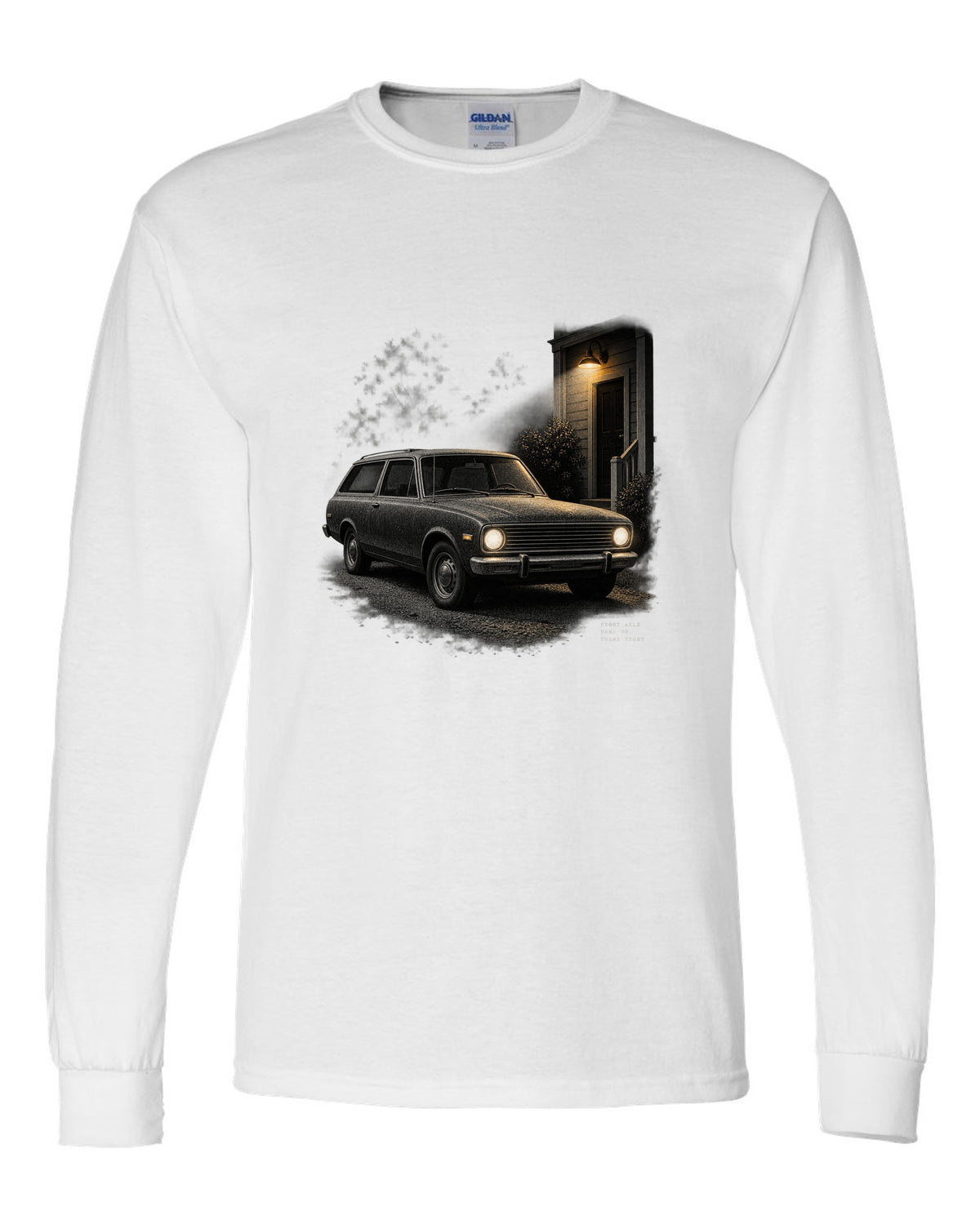 Night print of a 1966-77 early Ford Bronco U15 with Dana 30 front axle text white long sleeve front view with the design
