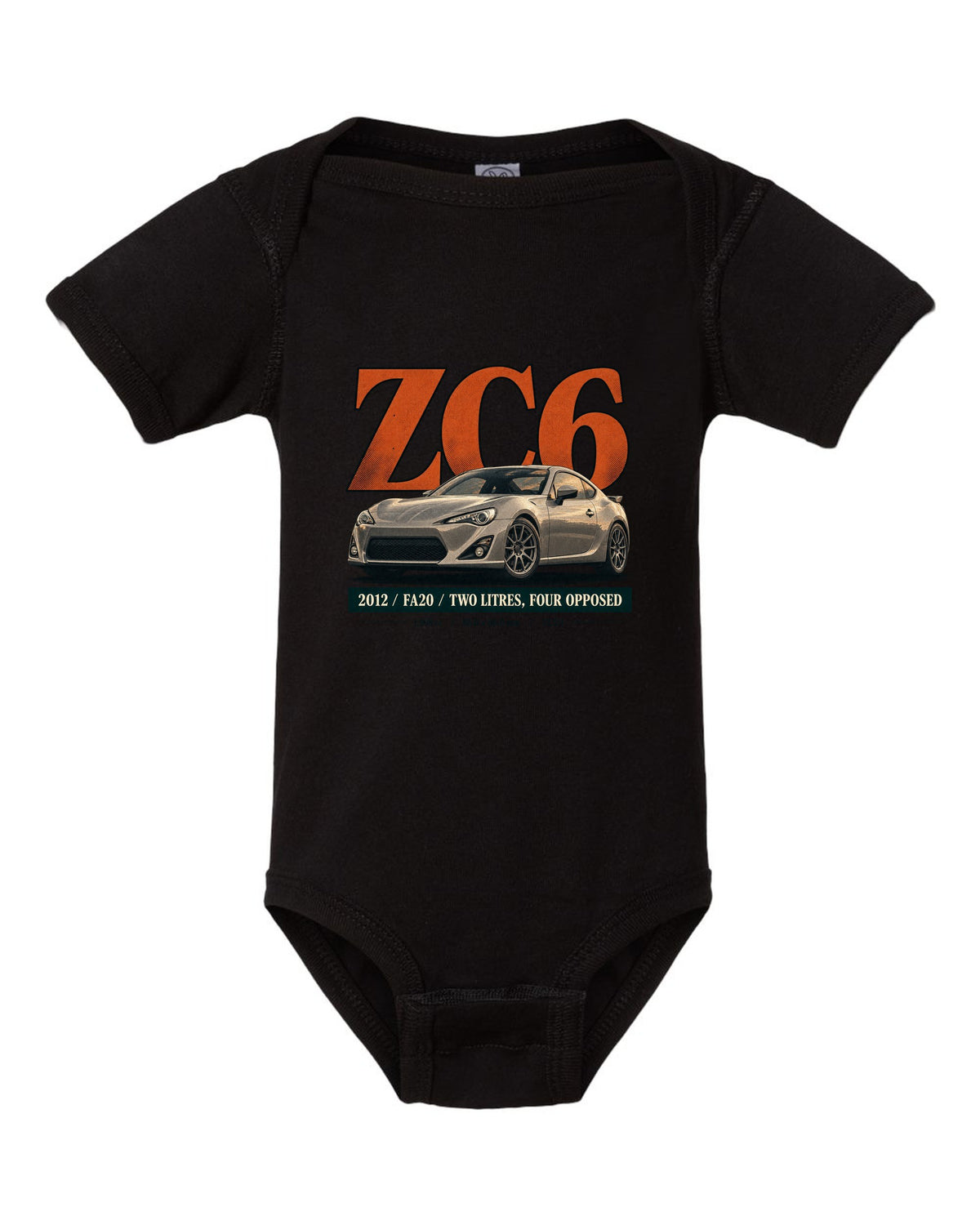 Magazine-style headline layout of a first-generation Subaru BRZ ZC6 print black baby onesie front view with the design