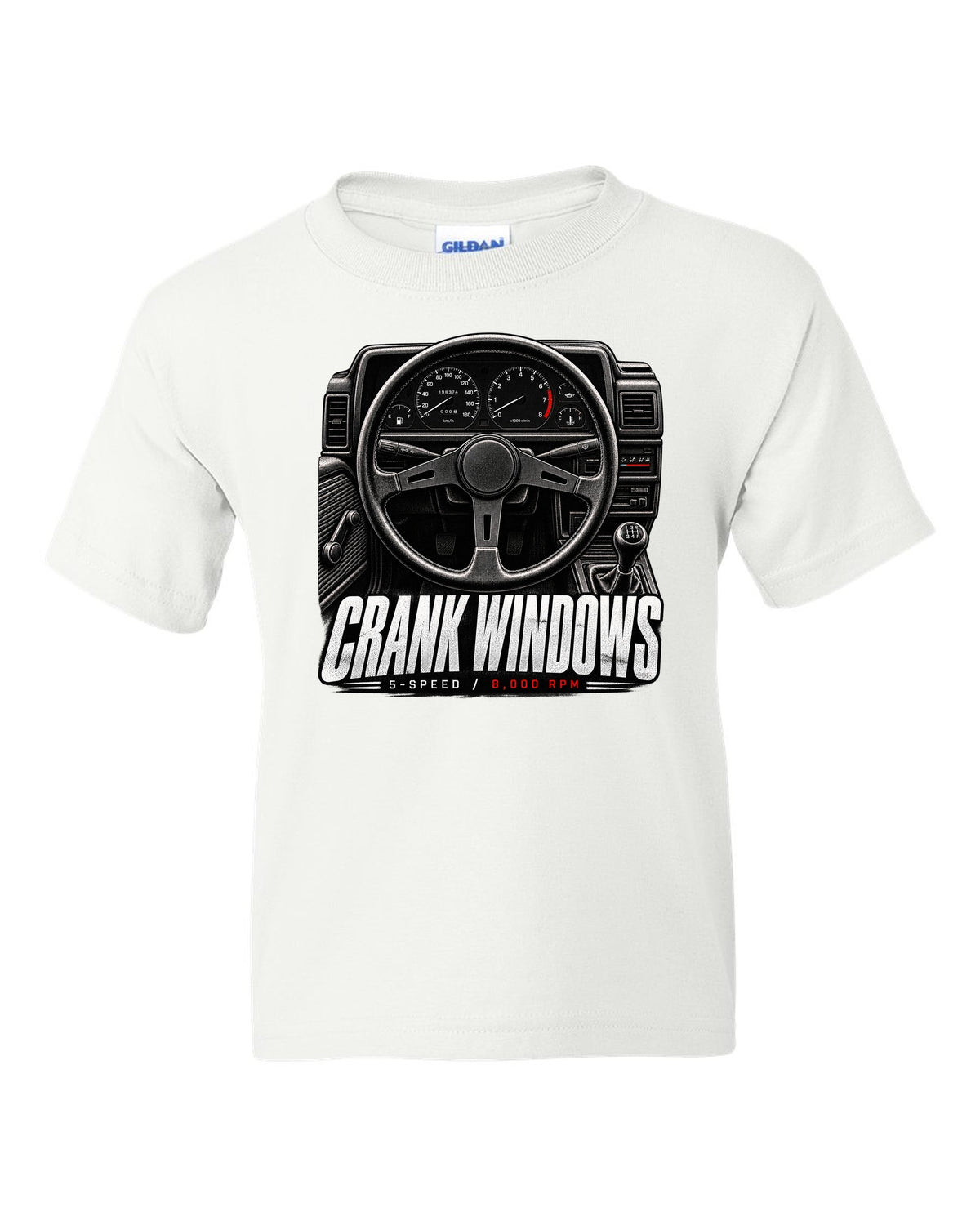 print of a Toyota AE86 interior cockpit with gauges and crank window lettering white kids tee front view with the design